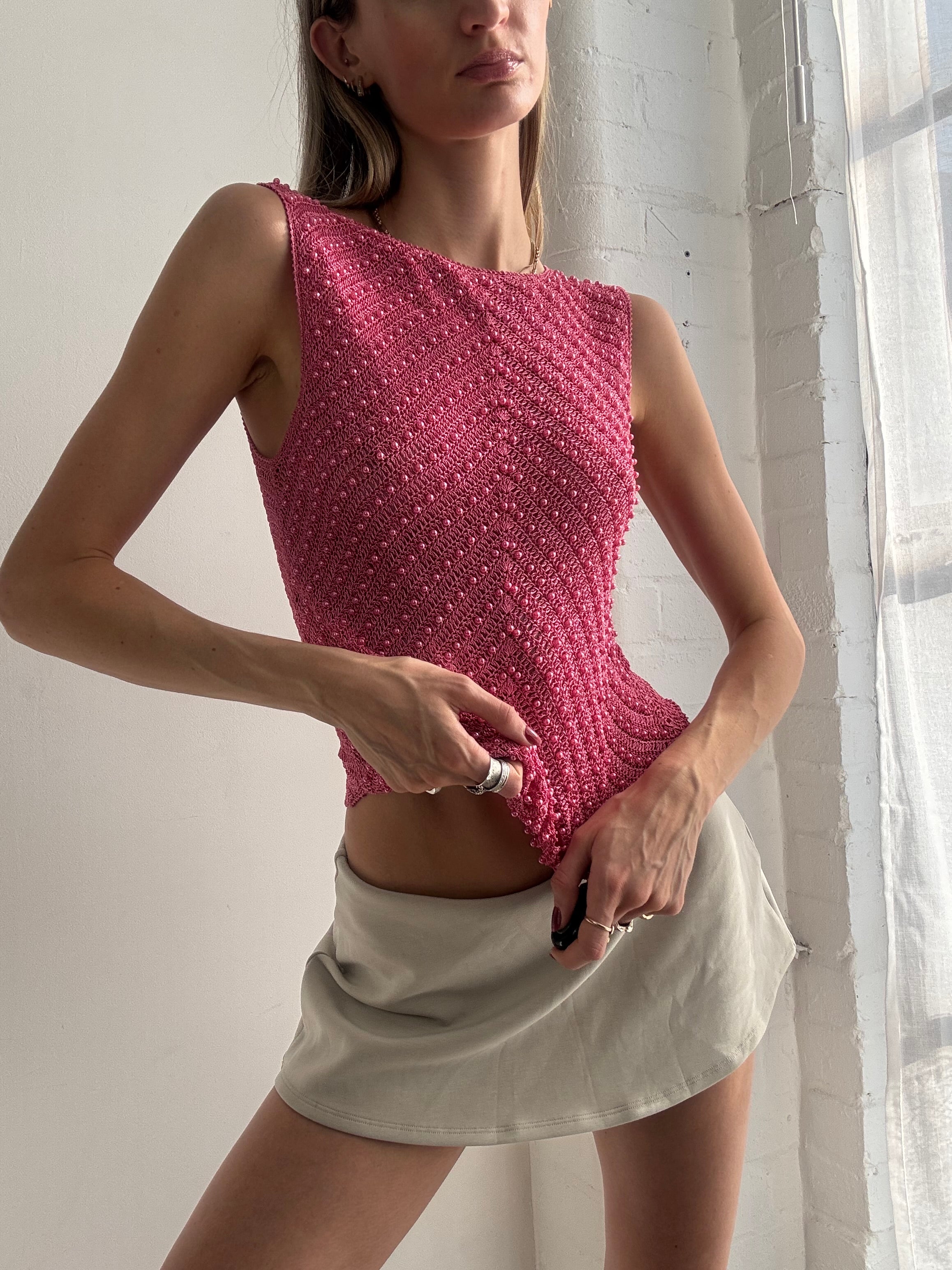 Vintage Y2k Hot Pink Crochet Beaded Boat Neck Top