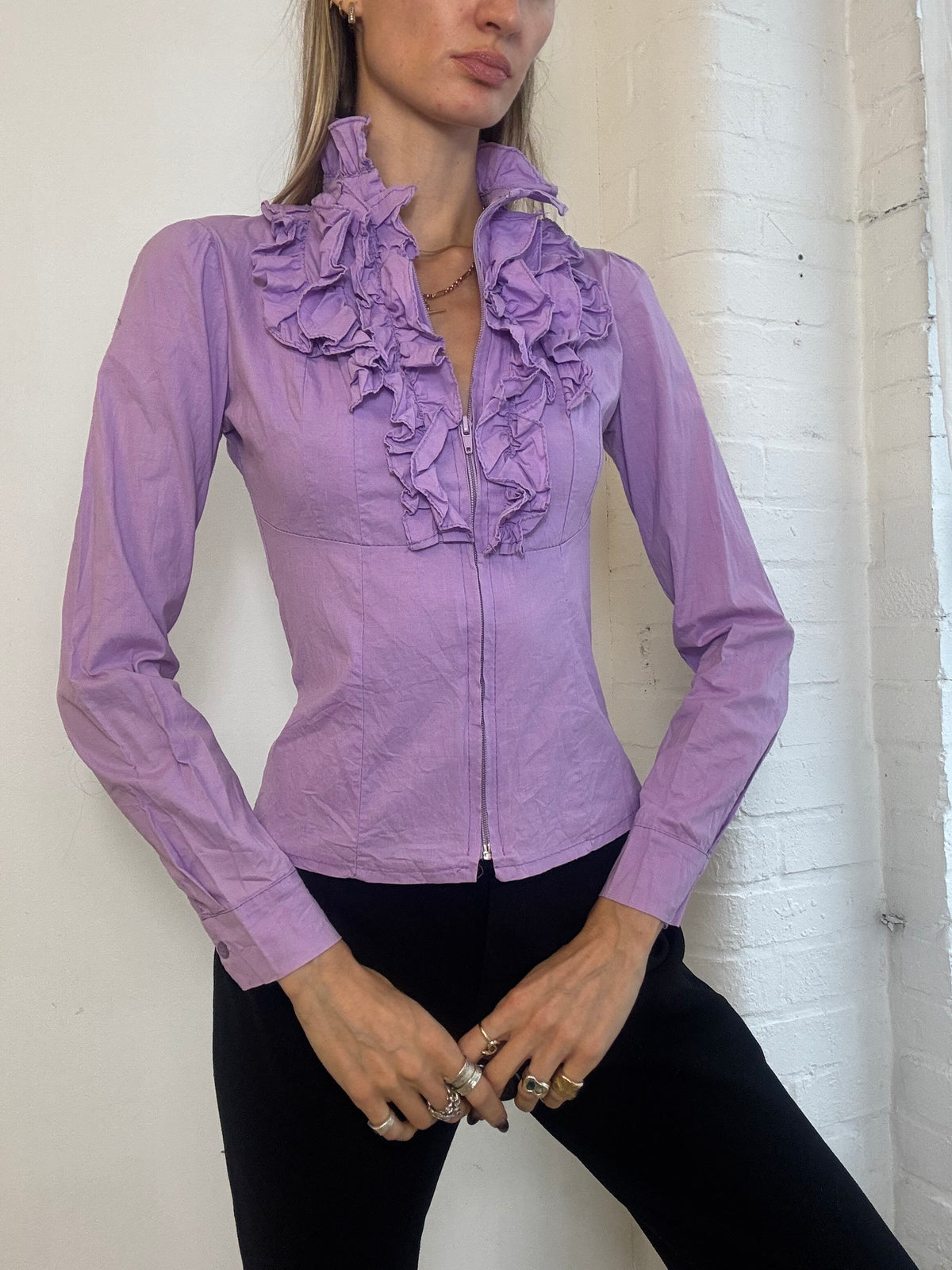 Vintage Y2K Lilac Ruffle Front Zip Up Shirt - Size S