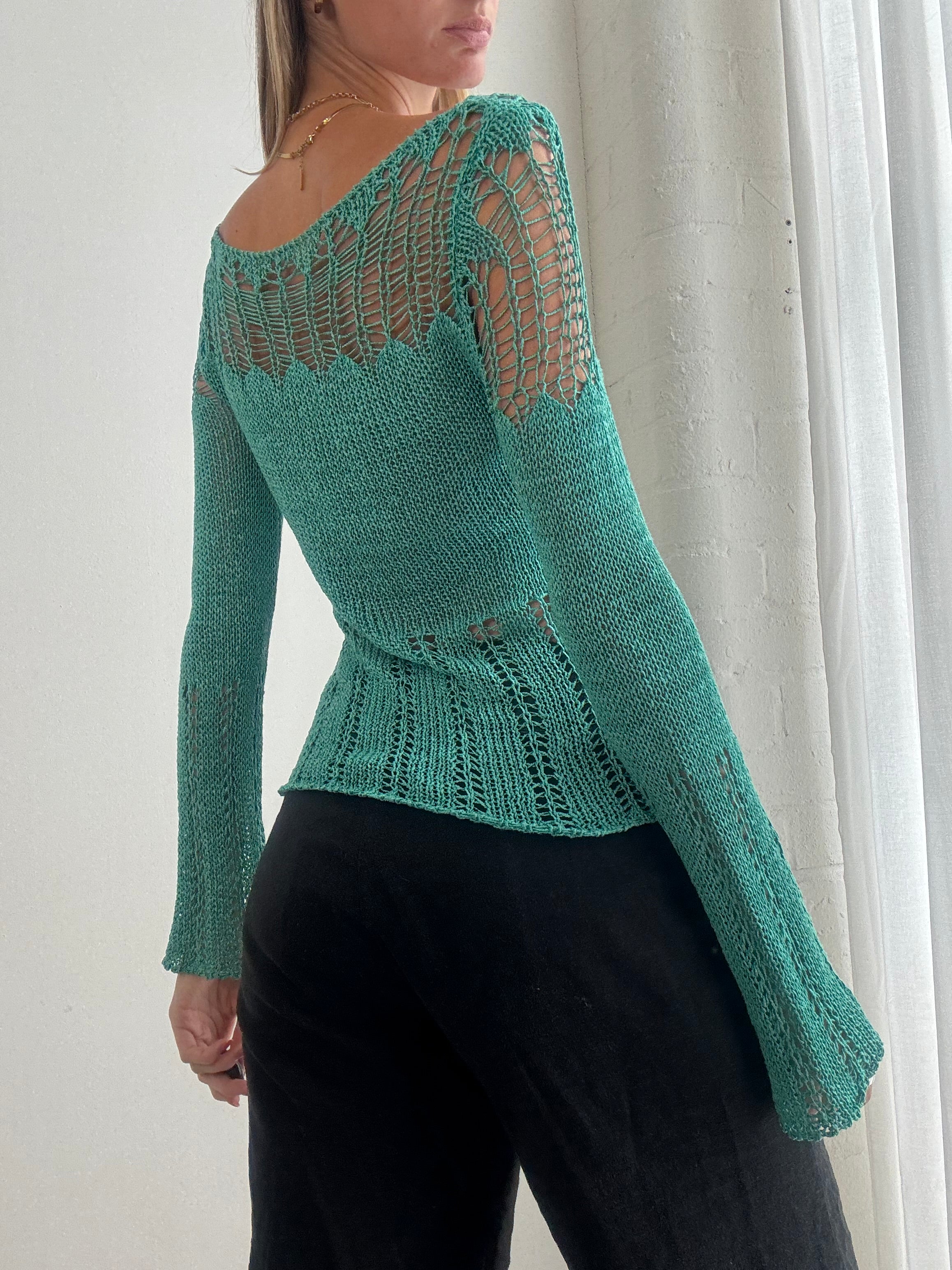 Vintage Y2K Turquoise Crochet Knit Top – Flared Sleeve Jumper - Size S