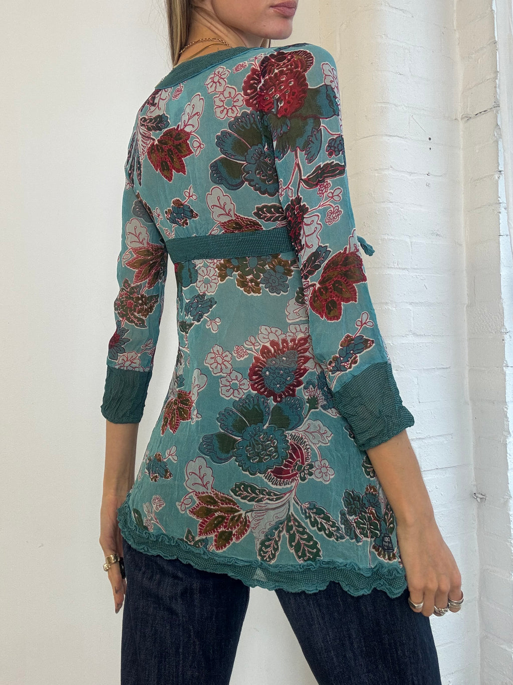 Vintage Y2K Didi Teal Floral Mesh Empire Waist Tunic Top - Size S