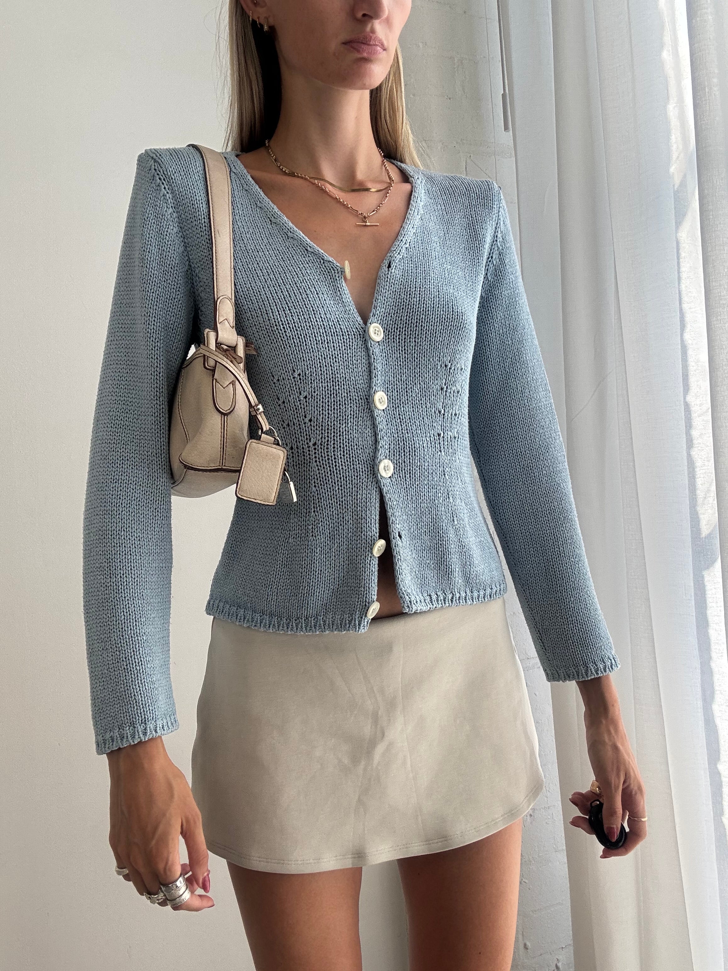 Vintage 90s Baby Blue Textured Knit Cardigan - Size S