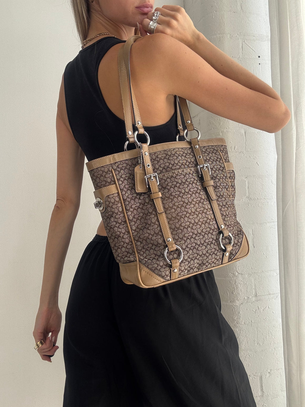 Vintage Y2K Coach Signature Tote Bag – Brown Monogram Canvas Leather Shoulder Bag