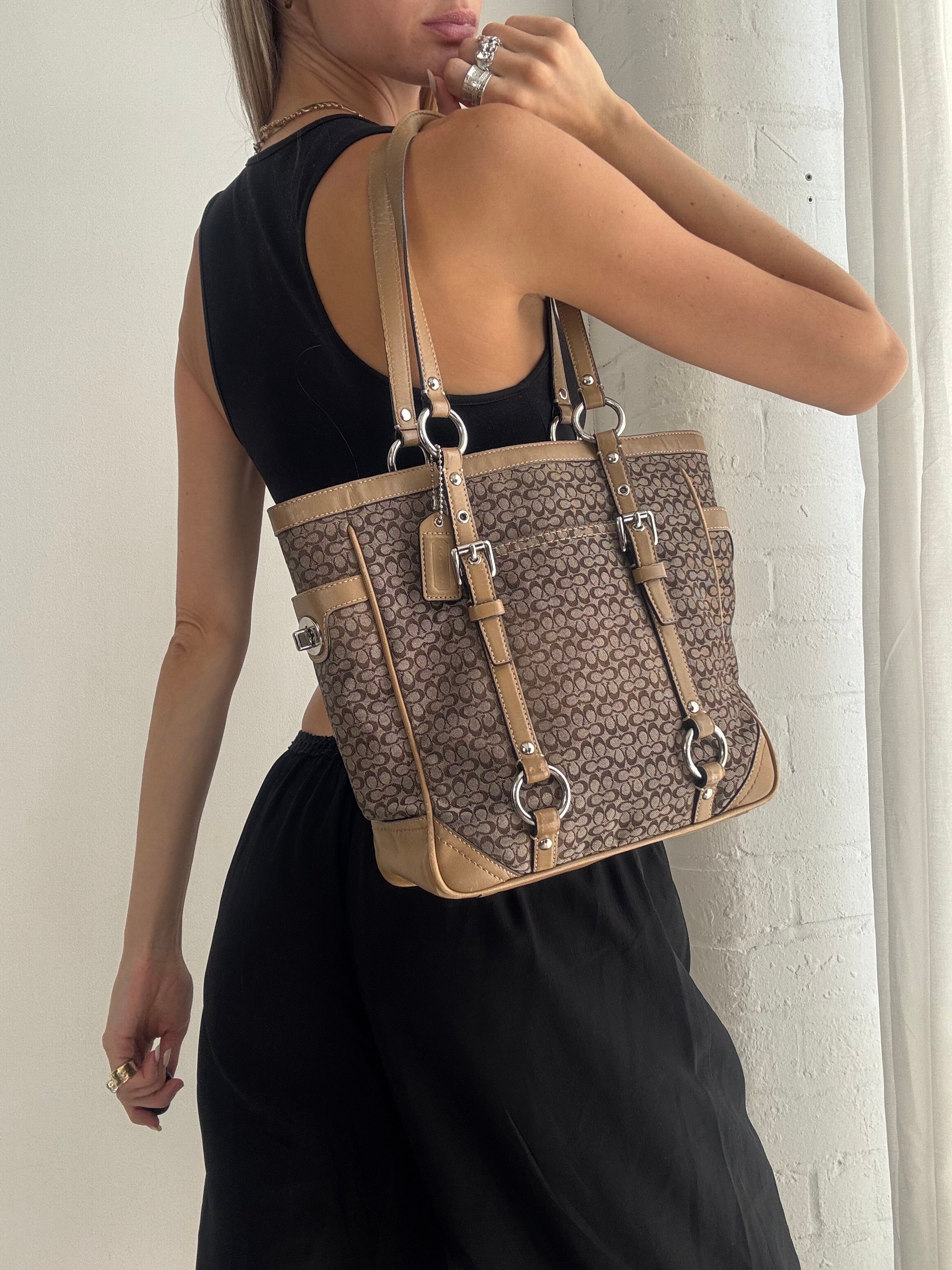 Vintage Y2K Coach Signature Tote Bag – Brown Monogram Canvas Leather Shoulder Bag