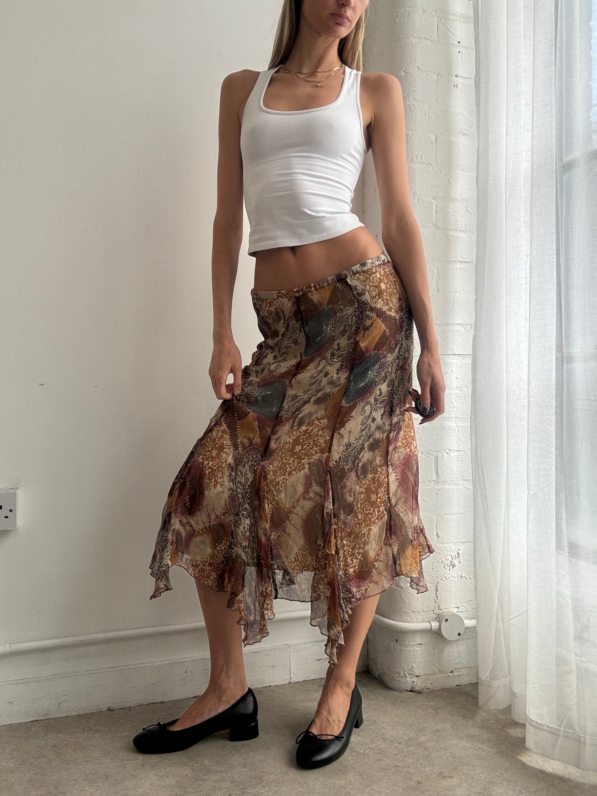 Vintage Y2K silk floral boho handkerchief midi skirt - Size M/L