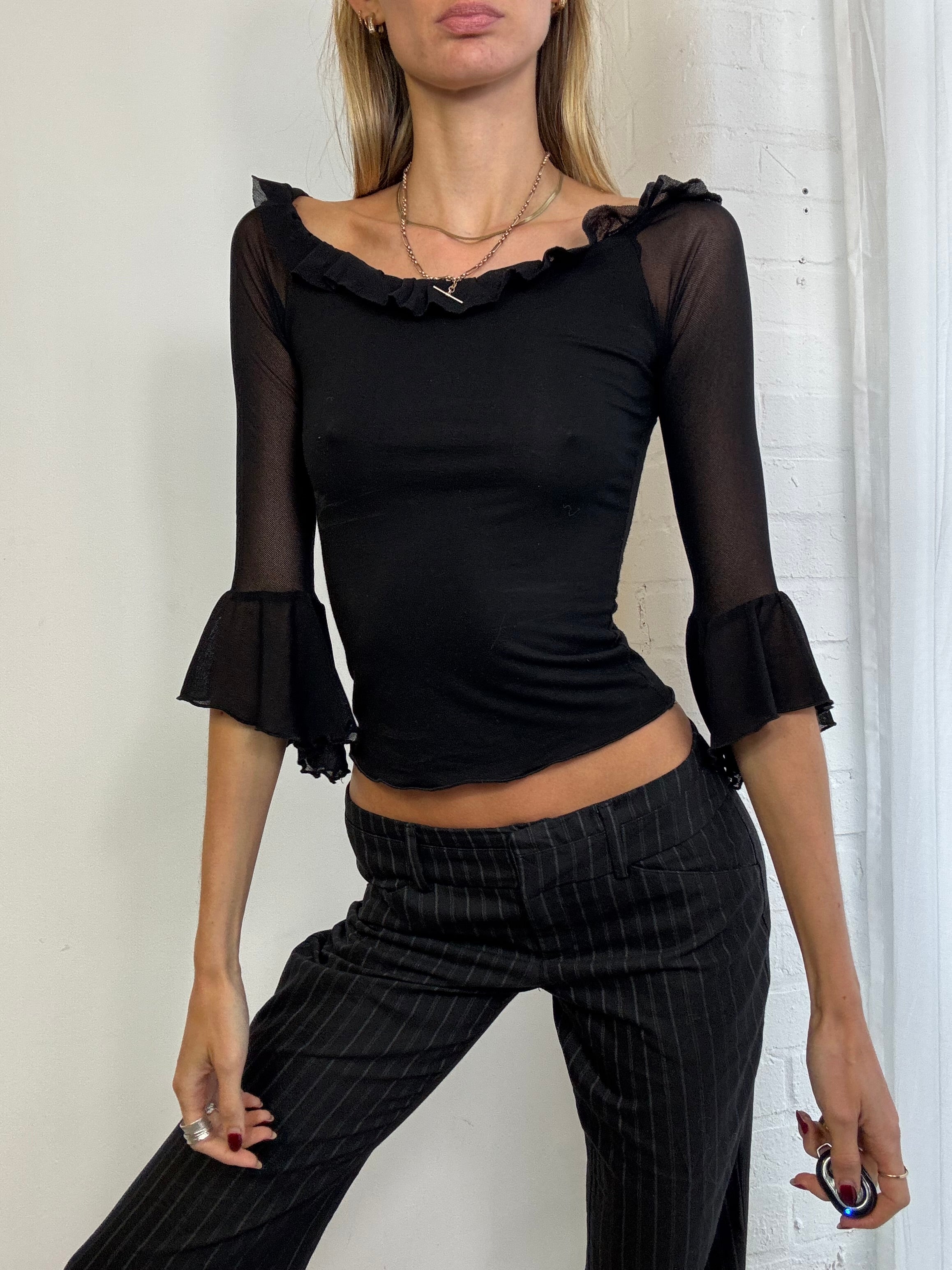 Vintage Y2K mesh ruffle top black