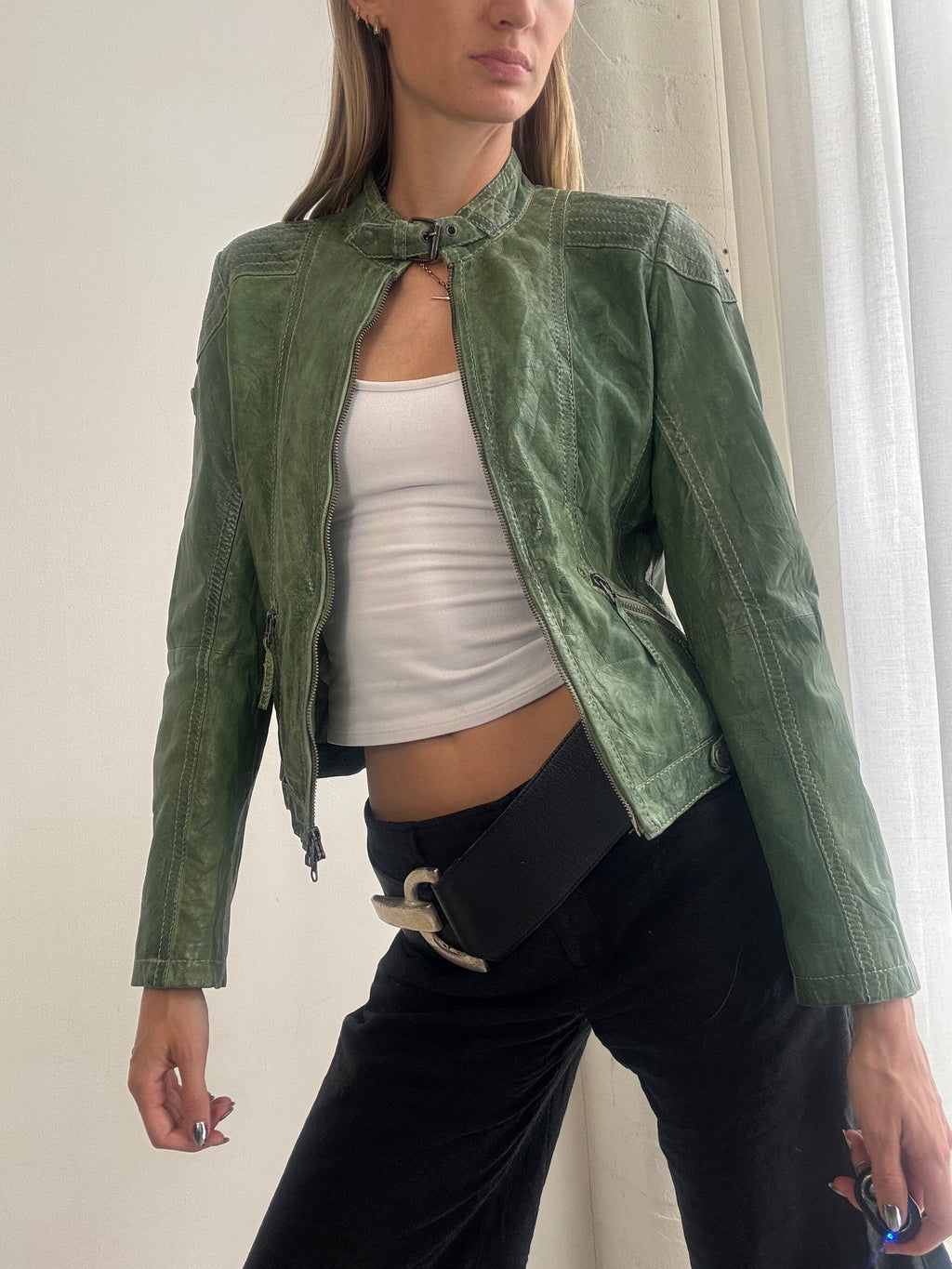 Vintage Y2k Green Leather Distressed Jacket – Fitted Zip-Up Biker Jacket - Size XS/S