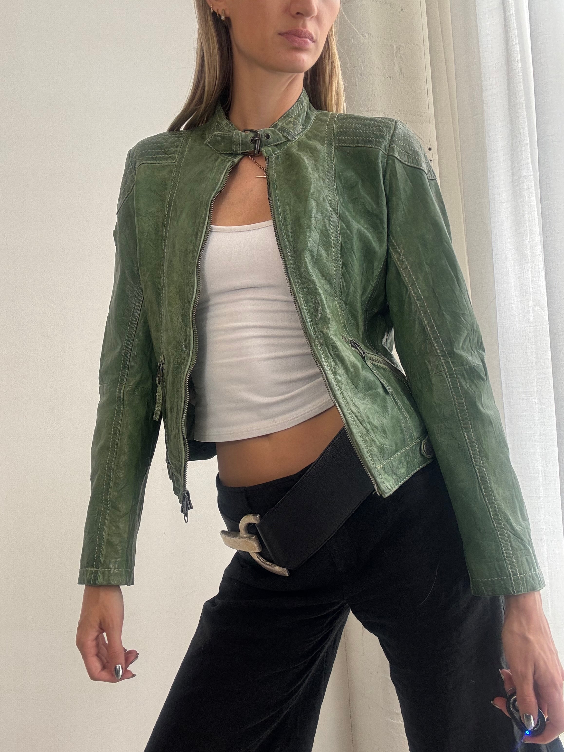 Vintage Y2k Green Leather Distressed Jacket – Fitted Zip-Up Biker Jacket - Size XS/S