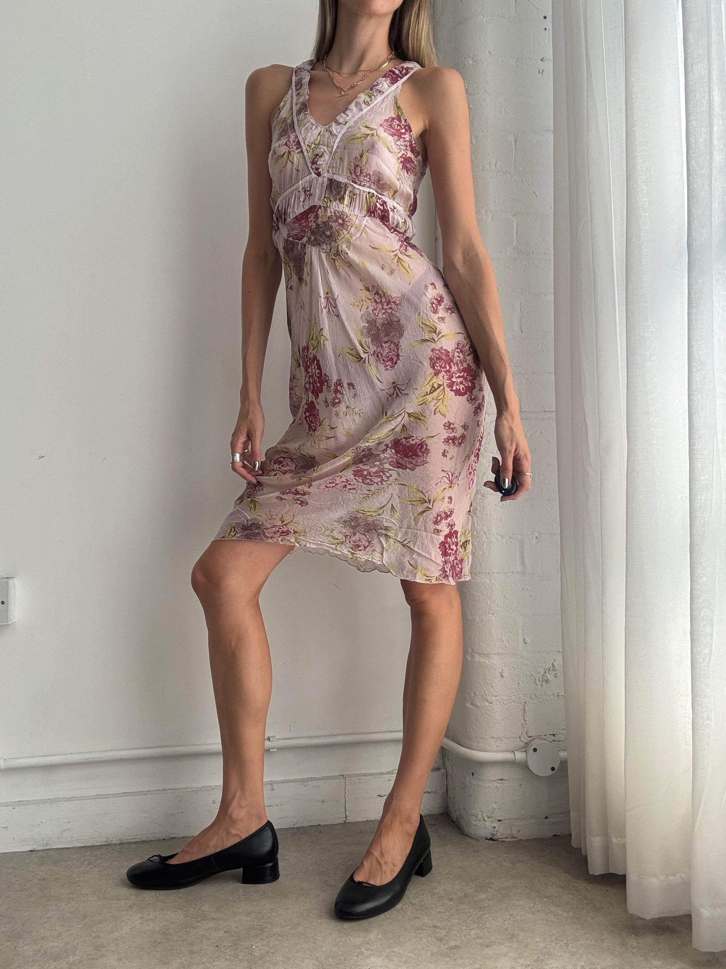Vintage Y2K Pink Floral Sheer Ruched Midi Dress – Size S