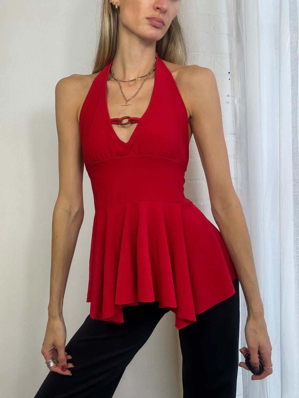 Vintage Y2K red halter neck top asymmetric