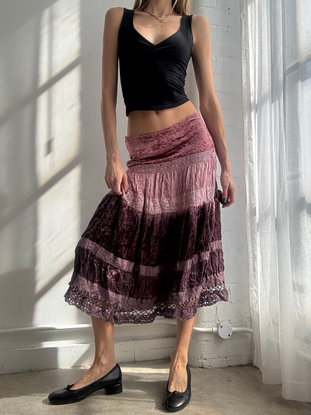 Vintage Y2K pink ombré tiered velvet & lace midi skirt