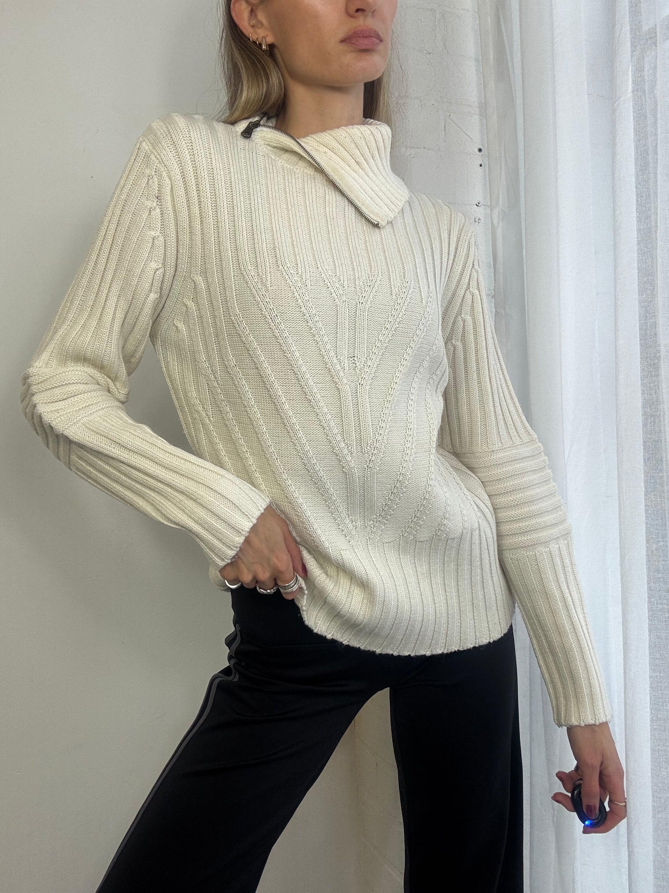 Vintage Y2K cream knitted jumper asymmetric zip