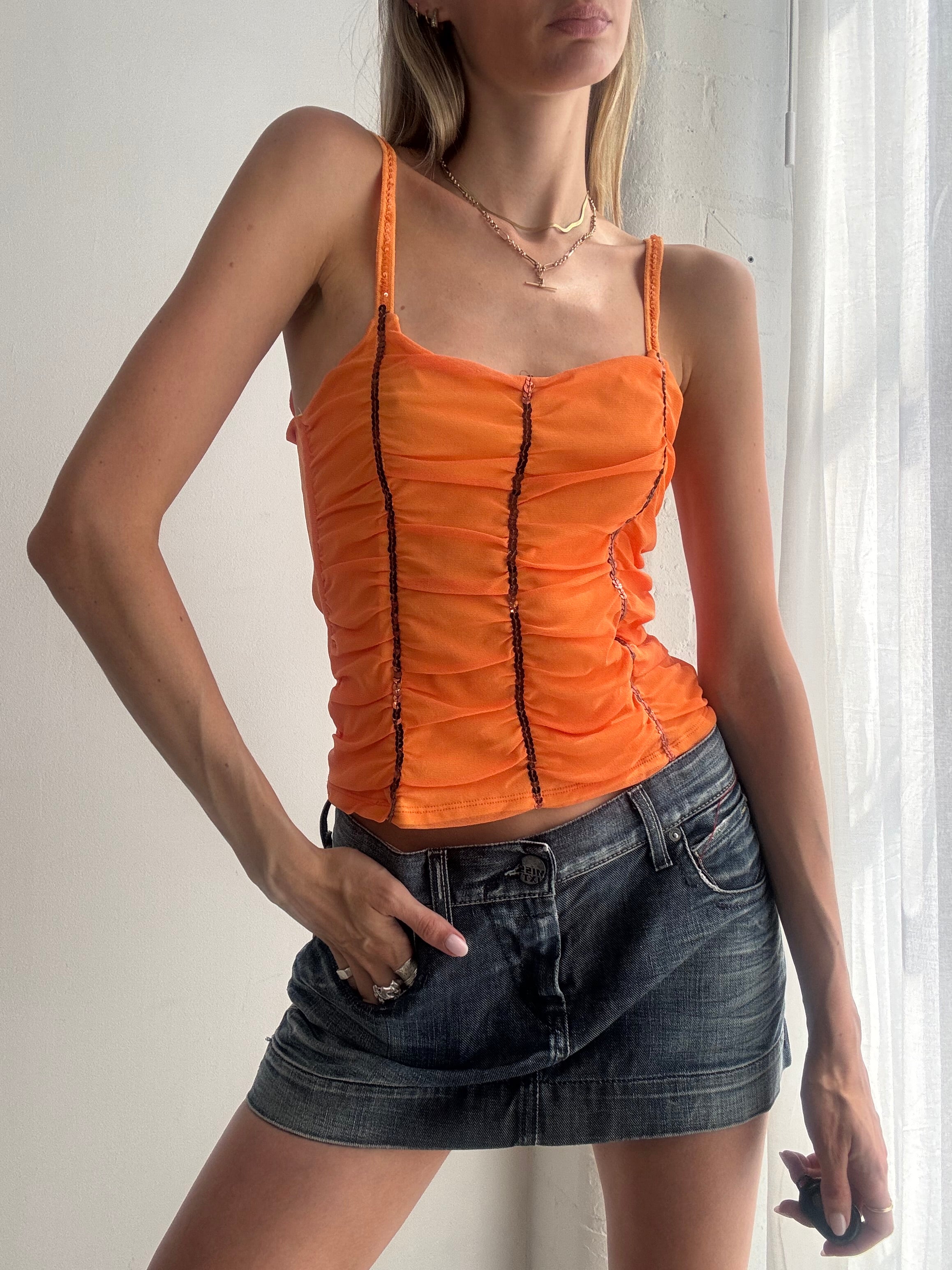Vintage Y2K Orange Ruched Mesh & Sequin Cami Top - Size L