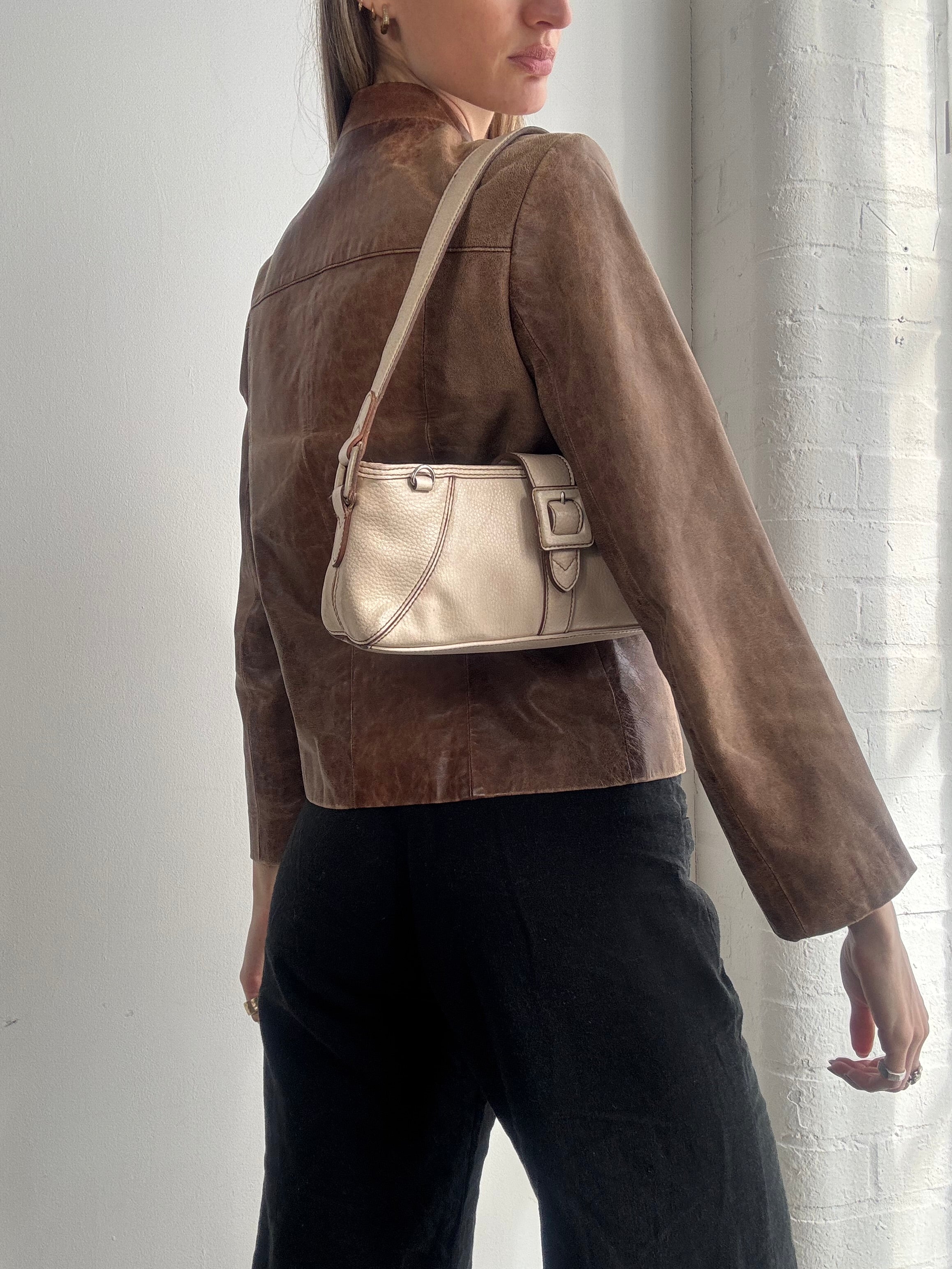 Vintage Y2K brown fitted dual zip leather jacket - Size S