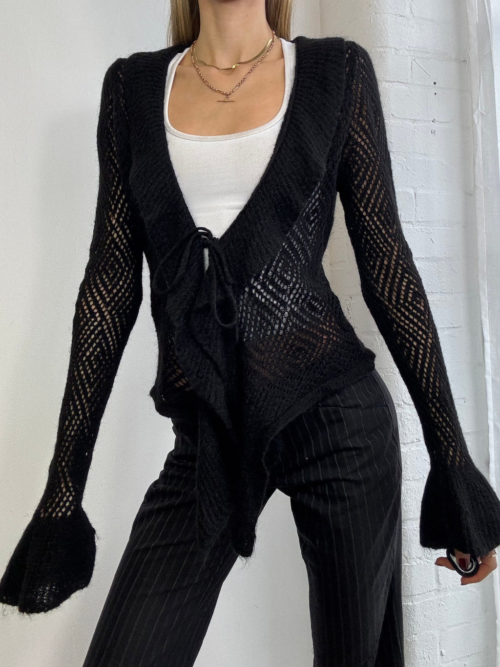 Vintage Y2K wool tie front ruffle cardigan