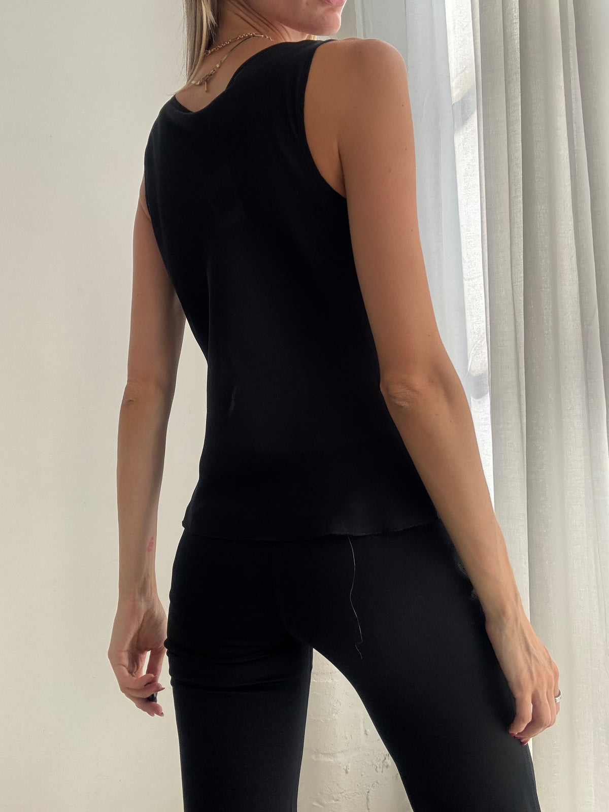 Vintage Y2K Black Sheer Cowl Neck Beaded Top - Size M
