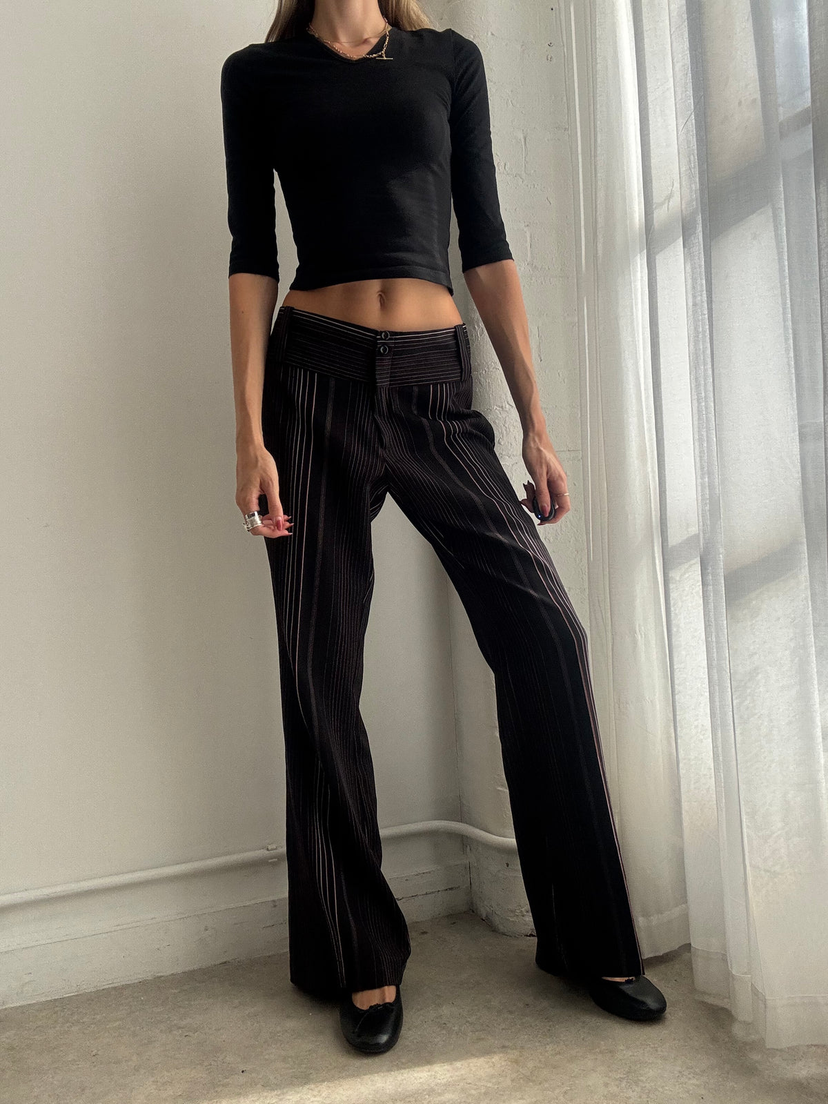 Vintage Y2K Black Pinstripe Low Rise Flared Trousers - Size M