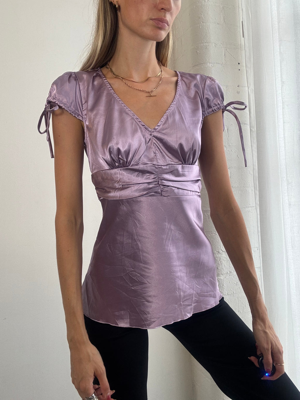 Vintage Y2K Lilac Satin Ruched Top Blouse - Size M