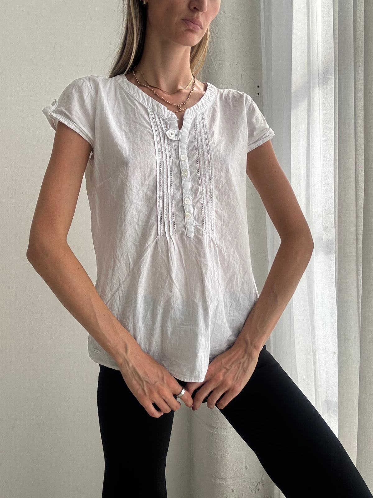 Vintage Y2K White Cotton Short Sleeve Blouse - Size S