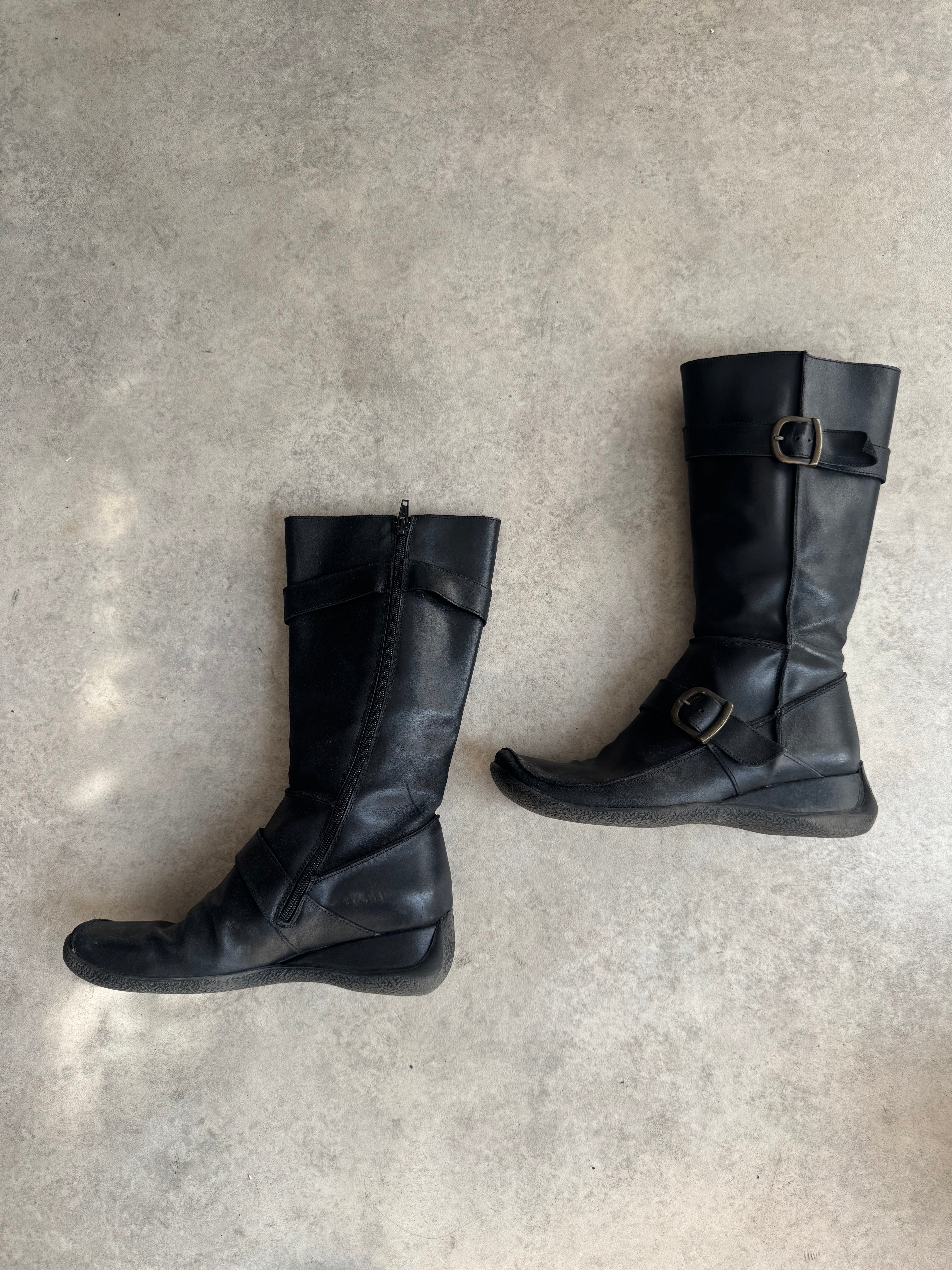Vintage Y2K Black Leather Square Toe Buckle Boots - Size UK 6 / EU39