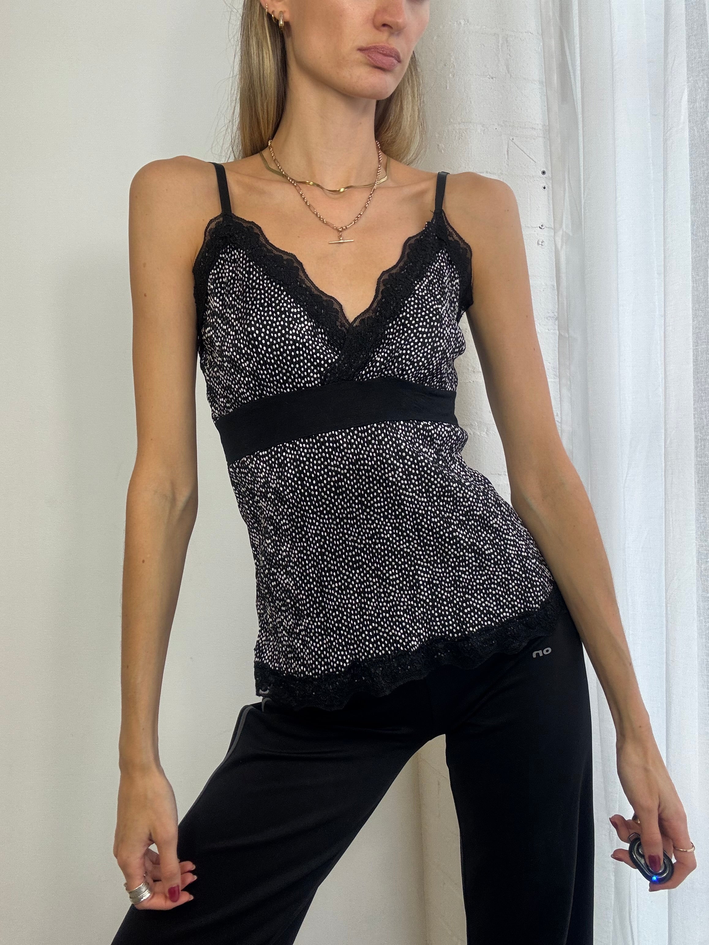 Vintage y2k black & white polka dot cami top with lace trim