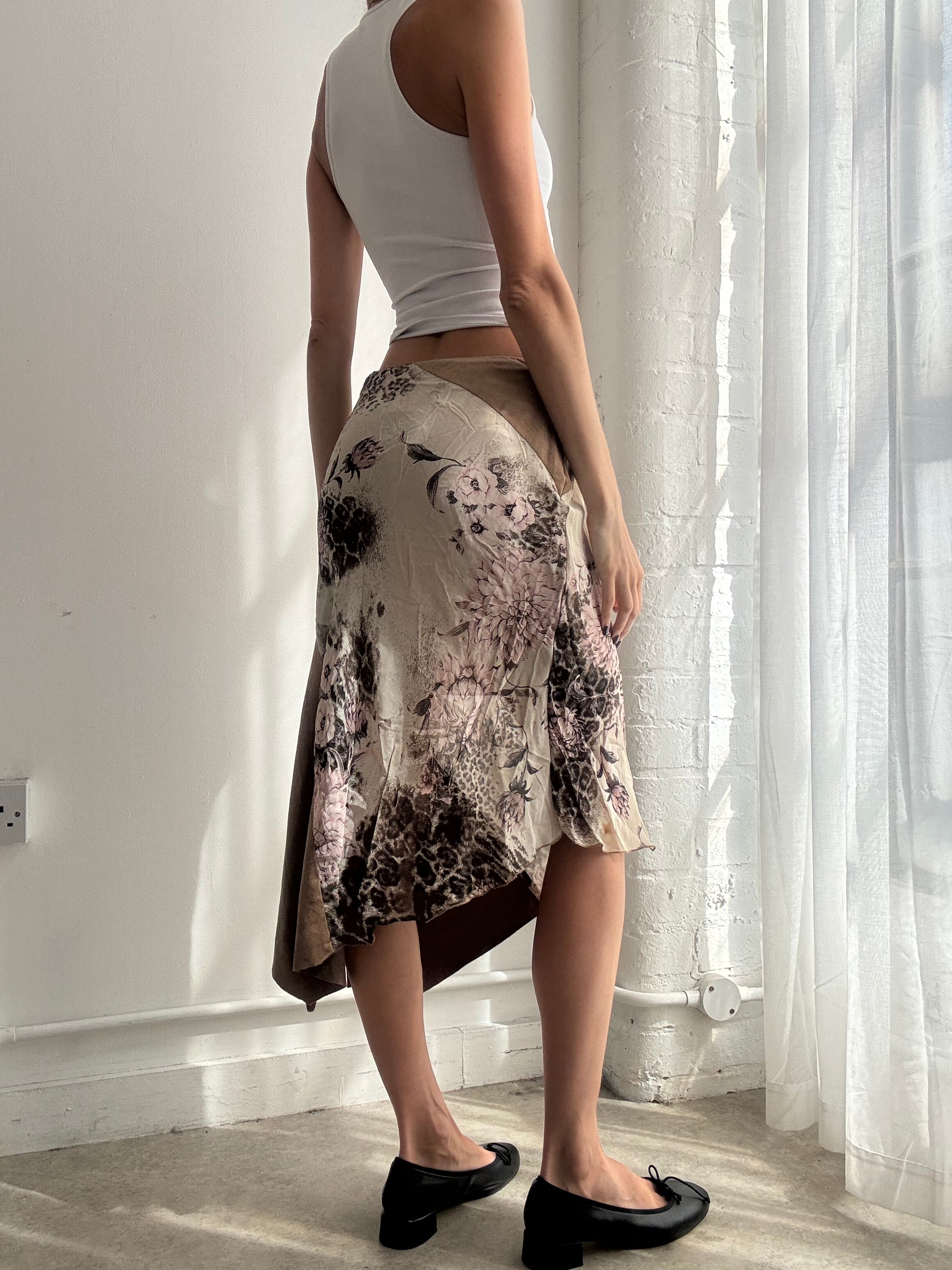 Vintage Y2K leopard print & floral asymmetric midi skirt - Size XS/S