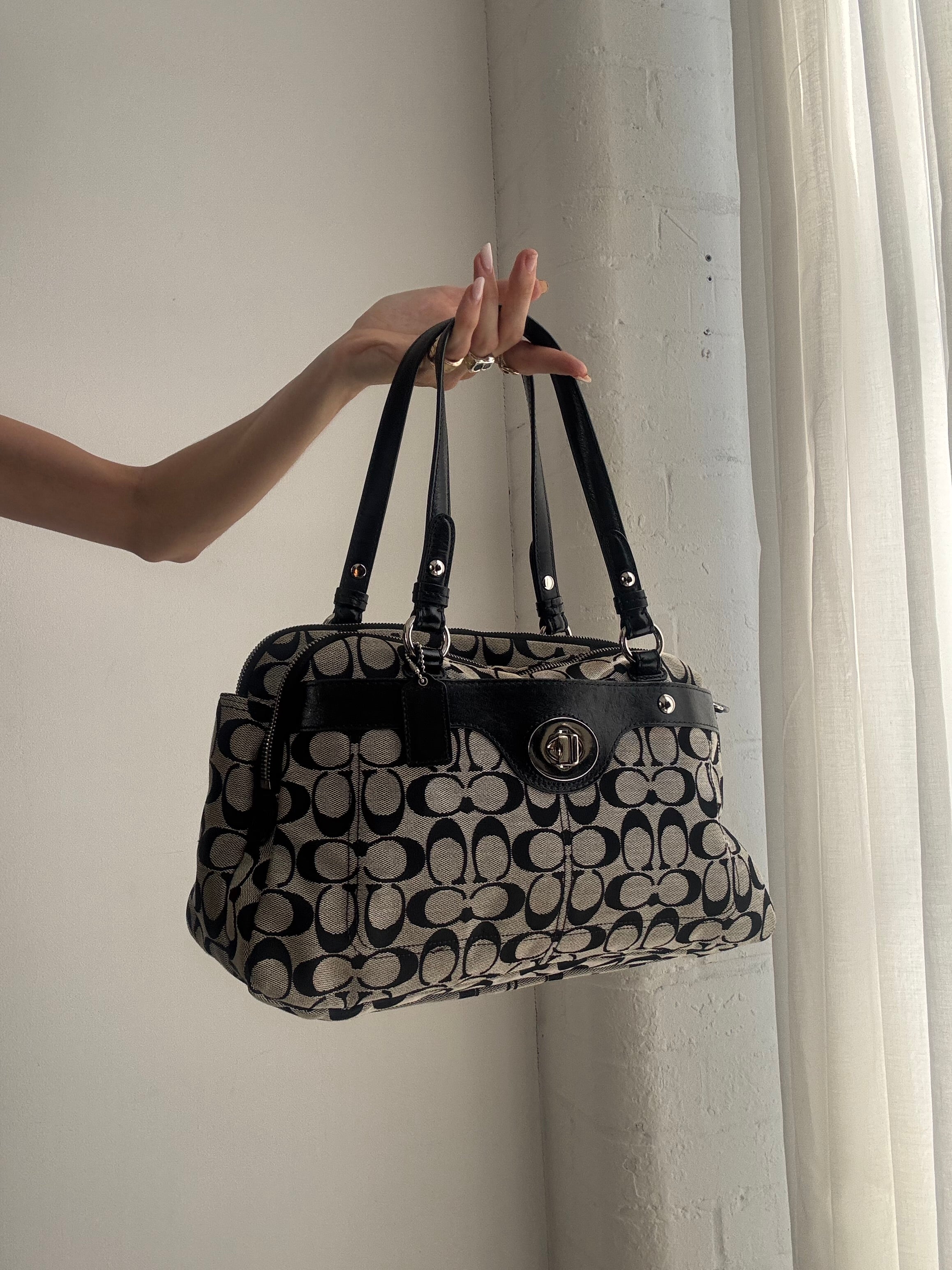 Vintage Y2K Coach Signature Penelope Satchel Bag – Black & Grey Monogram Canvas Shoulder Bag