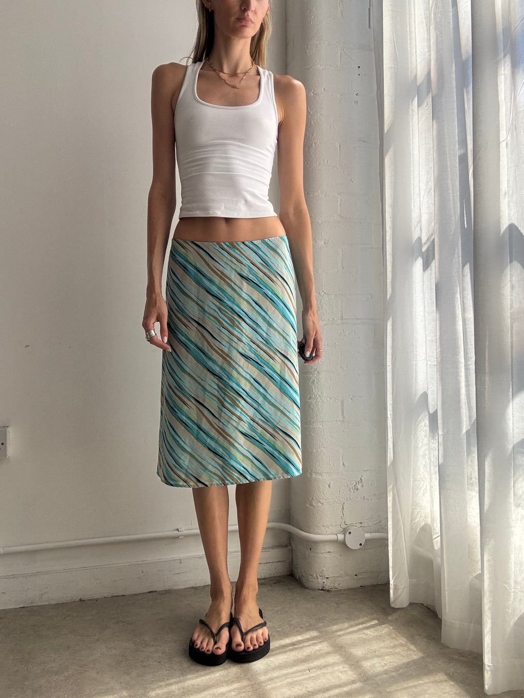 Vintage Turquoise Printed Stripe Midi Skirt Y2K - Size M