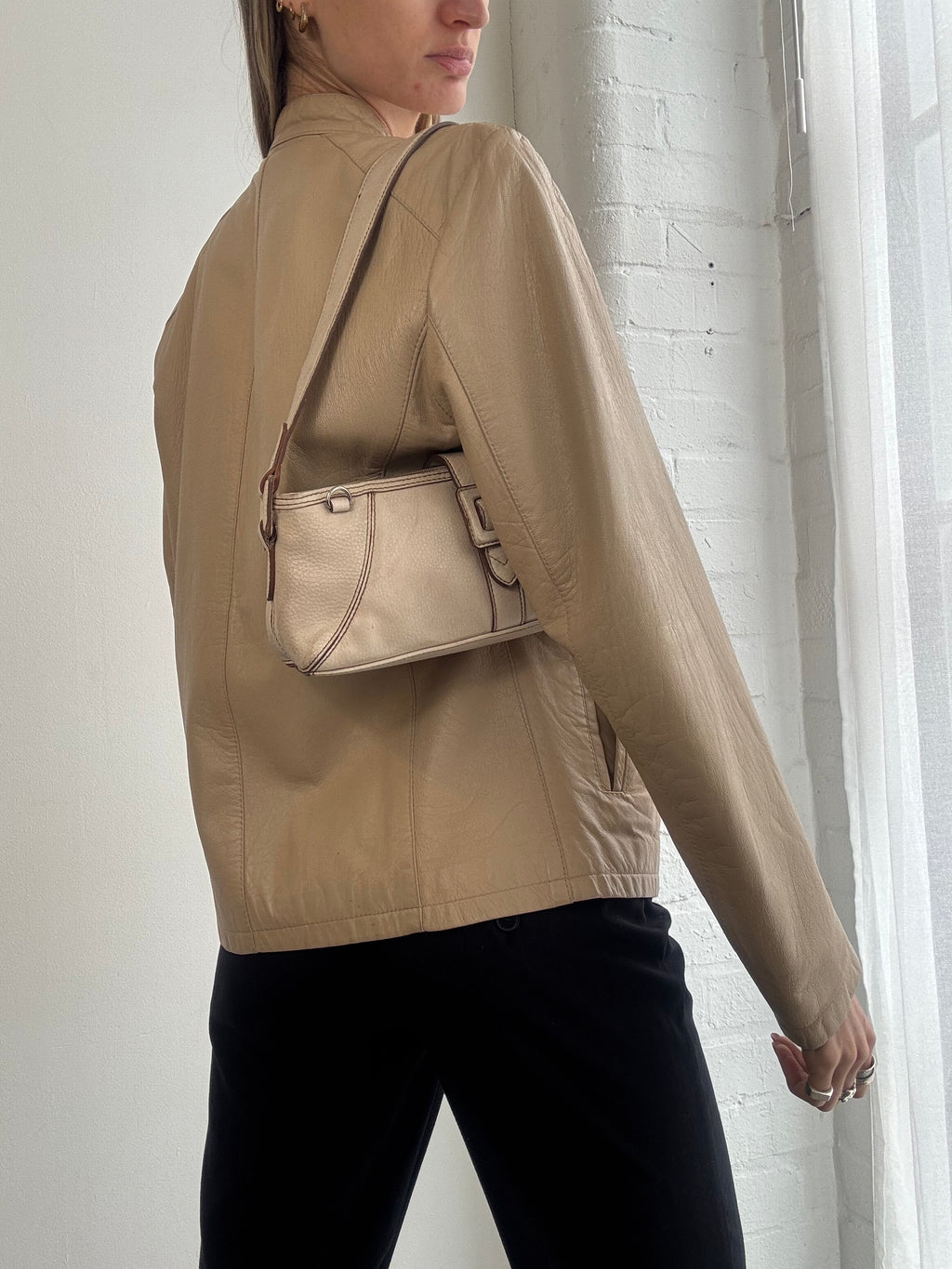 Vintage Y2K tan leather biker-style jacket