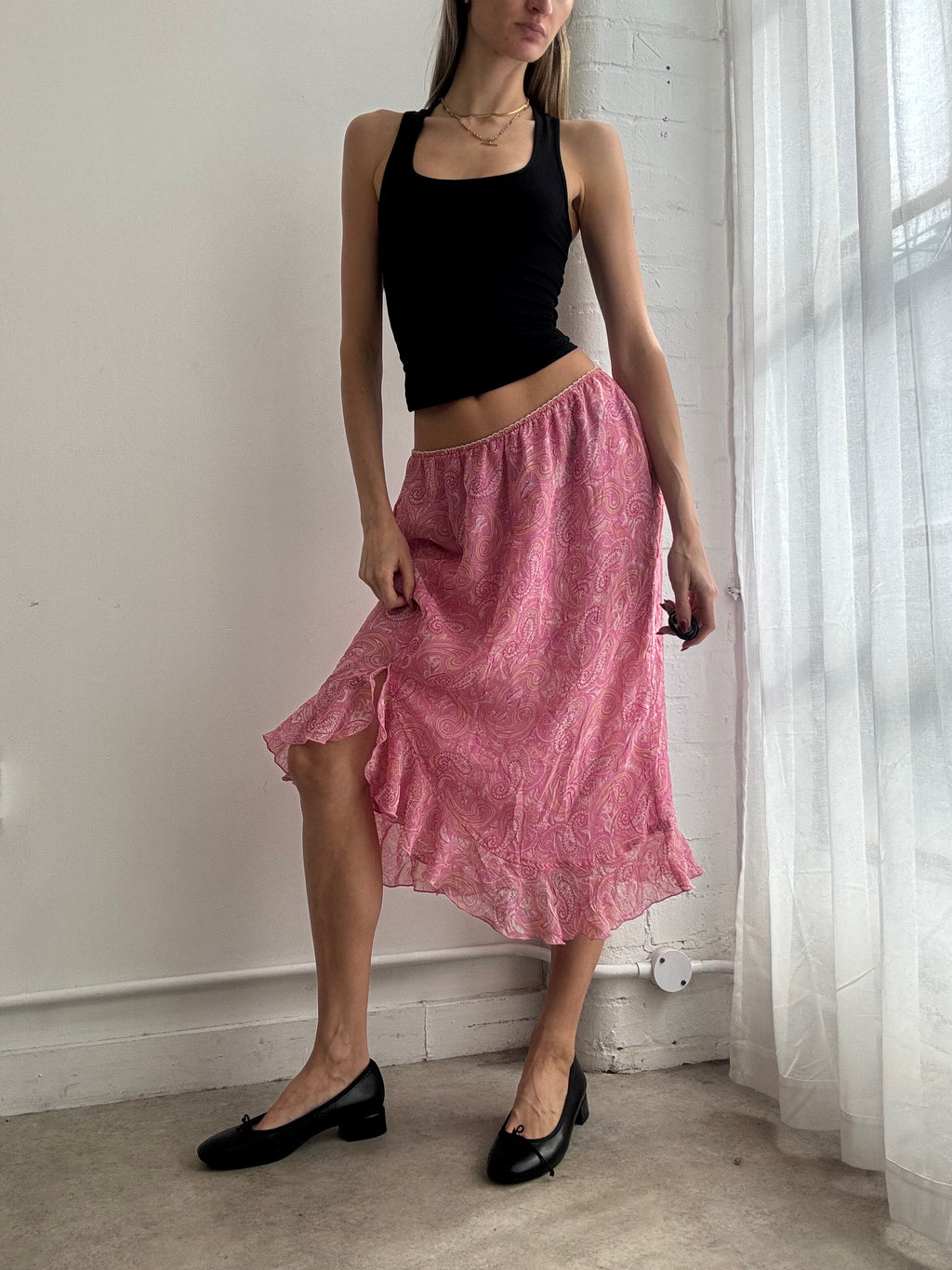 Vintage Y2K pink paisley print mesh midi skirt ruffle