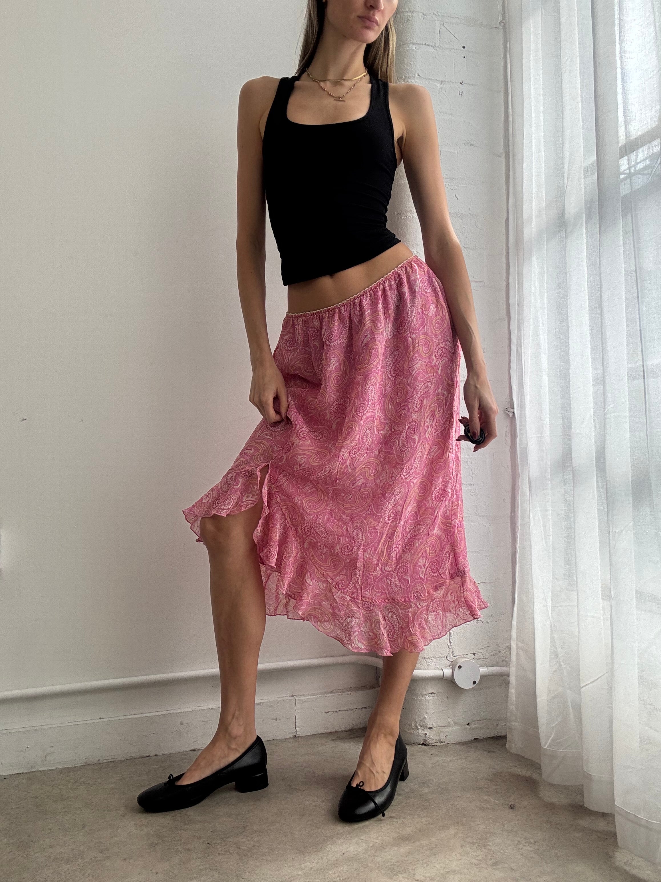 Vintage Y2K pink paisley print mesh midi skirt ruffle