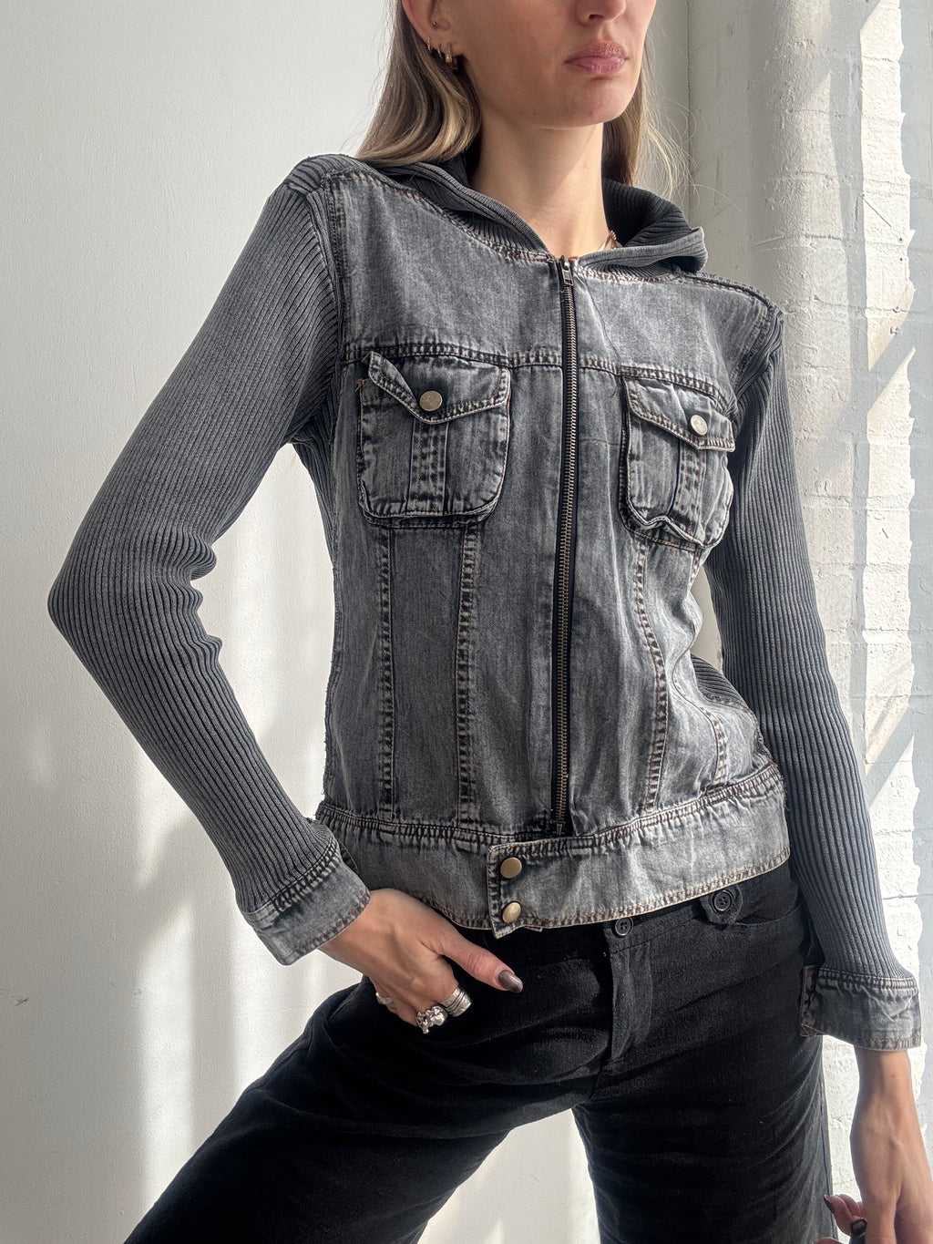 Vintage Y2K grey denim & knit zip up hooded jacket - Size S