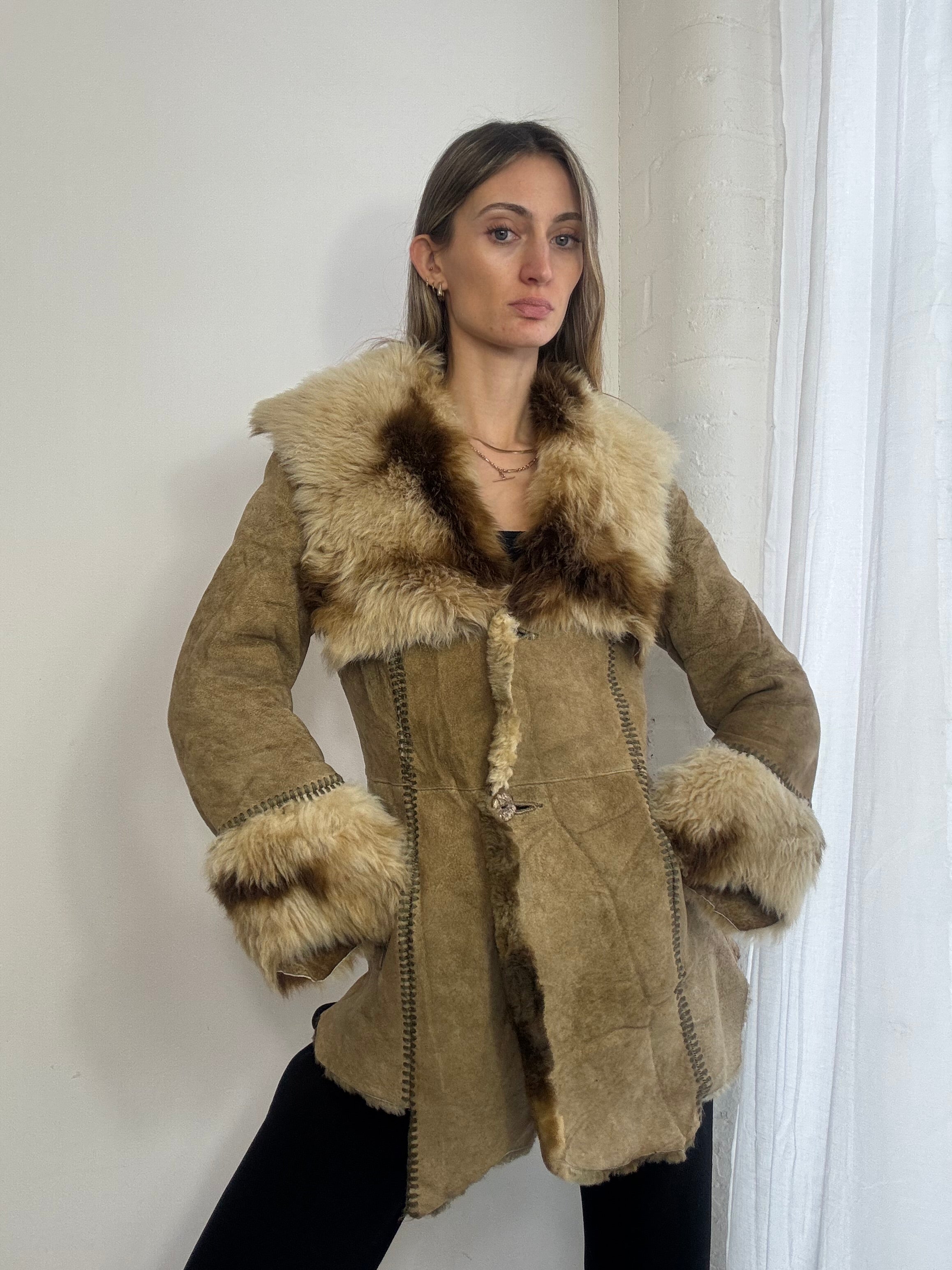 Vintage Y2K brown suede & shearling fur Afghan coat