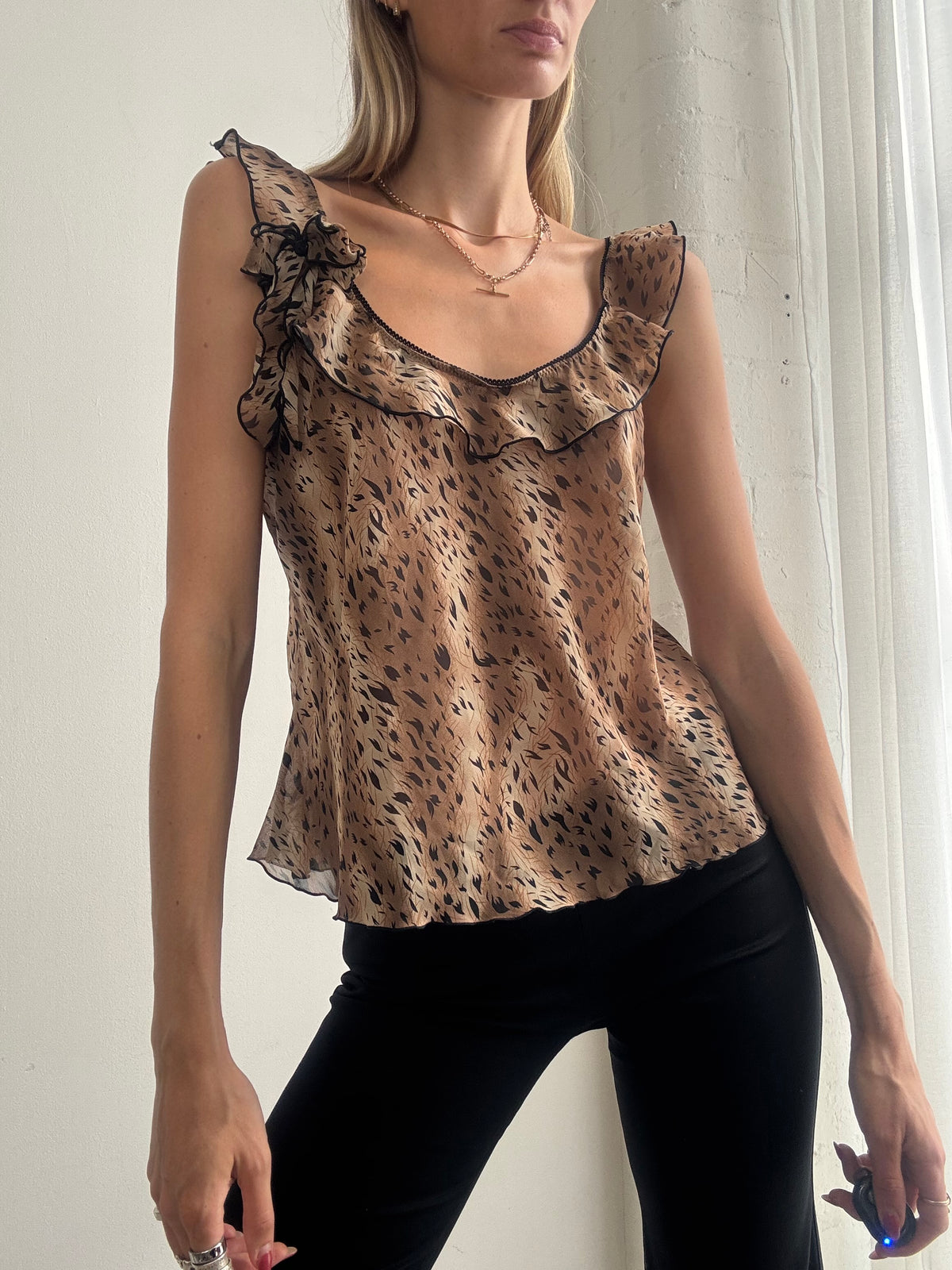 Vintage Y2K Brown Animal Print Ruffle Cami Top - Size M