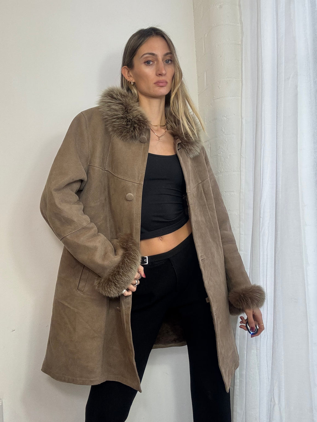 Vintage long suede button up coat fur trim