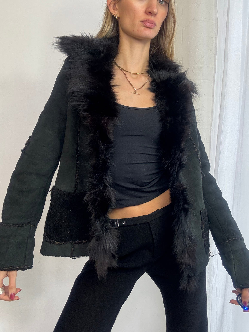 Vintage Y2K black sheepskin suede & fur trim jacket