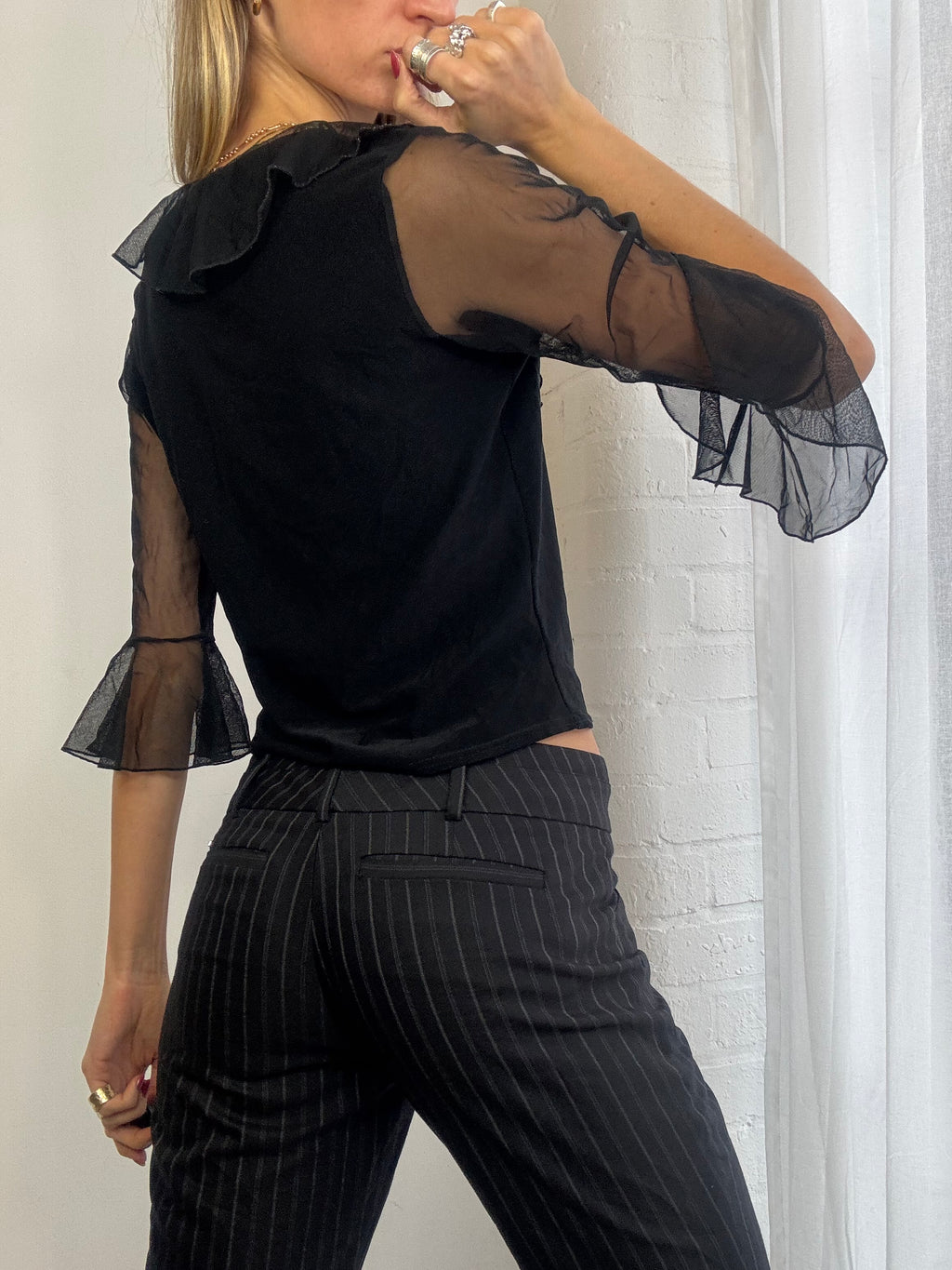 Vintage Y2K mesh ruffle top black