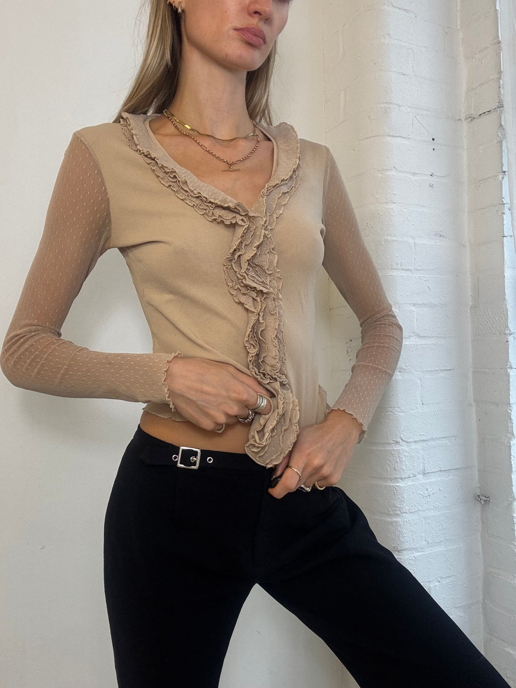 Vintage Y2K Morgan De Toi Beige Ruffle Front Mesh Sleeve Top - Size S