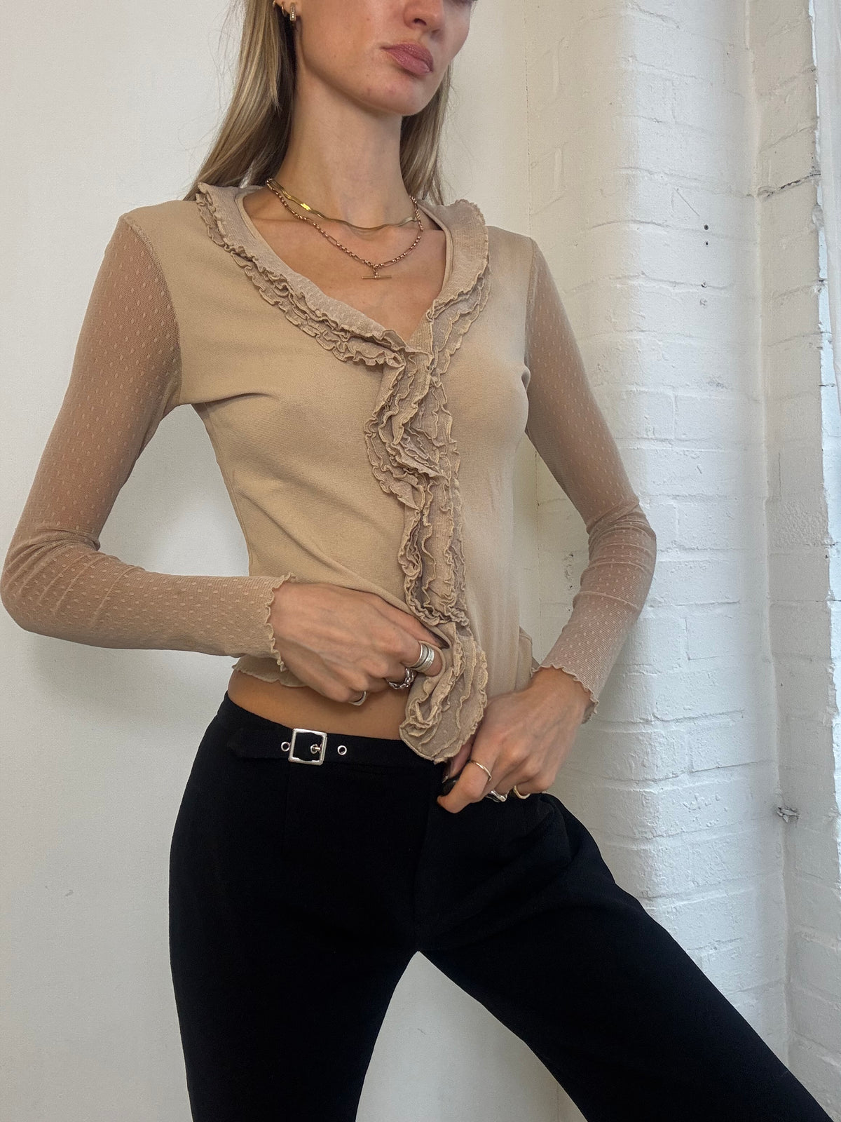 Vintage Y2K Morgan De Toi Beige Ruffle Front Mesh Sleeve Top - Size S