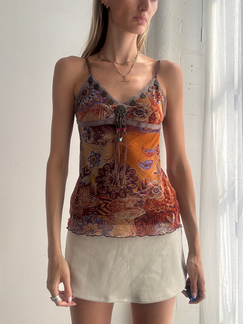 Vintage Y2K Paisley Mesh Cami Top Fairy Grunge Boho - Size S