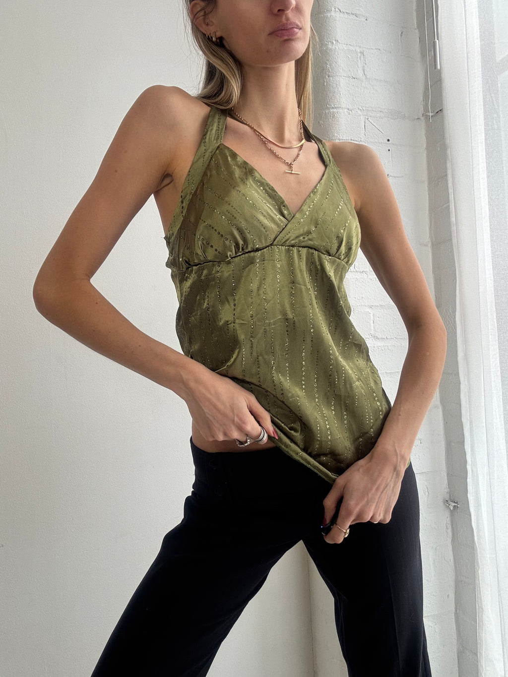 Vintage Y2K olive green sparkly satin halter top