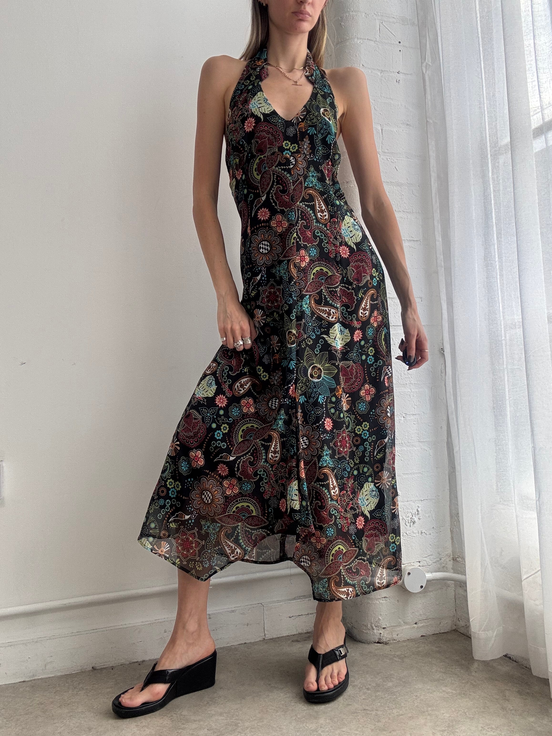 Vintage Y2K paisley floral halter maxi dress - Size L