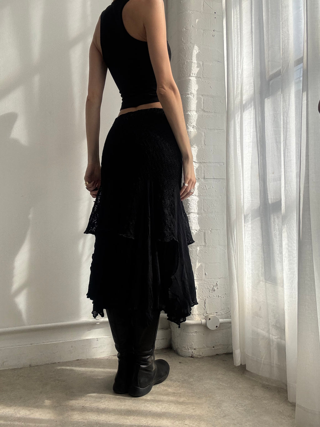 Vintage Y2K black crochet tiered ruffle midi skirt