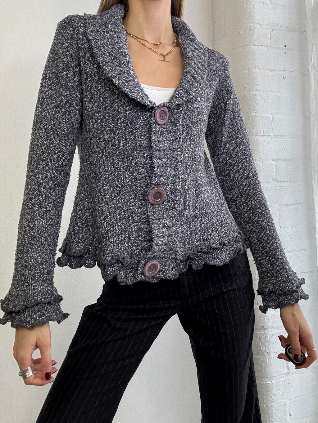 Vintage Y2K grey knitted ruffle cardigan