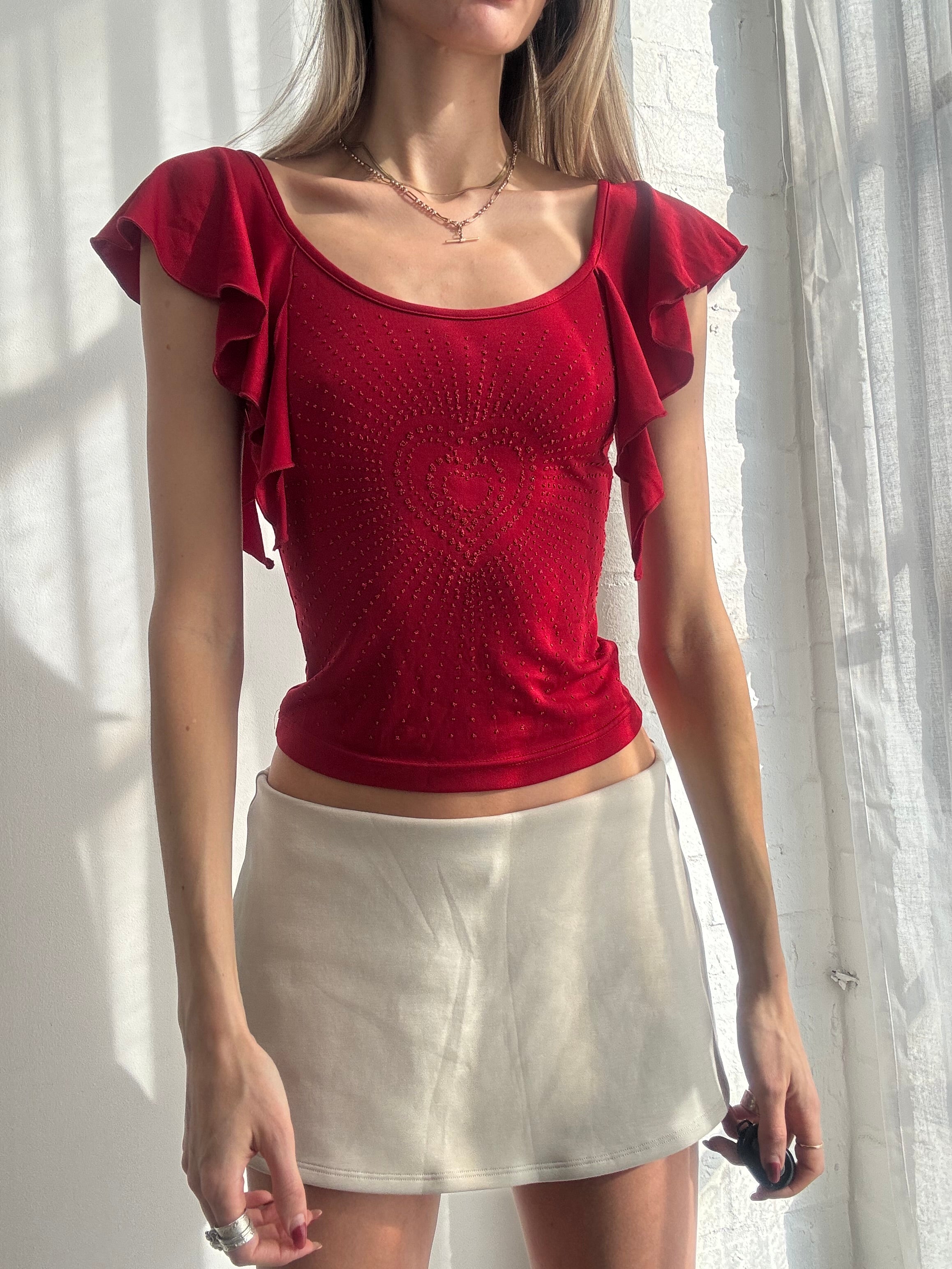 Vintage Y2K red ruffle sleeve fitted top