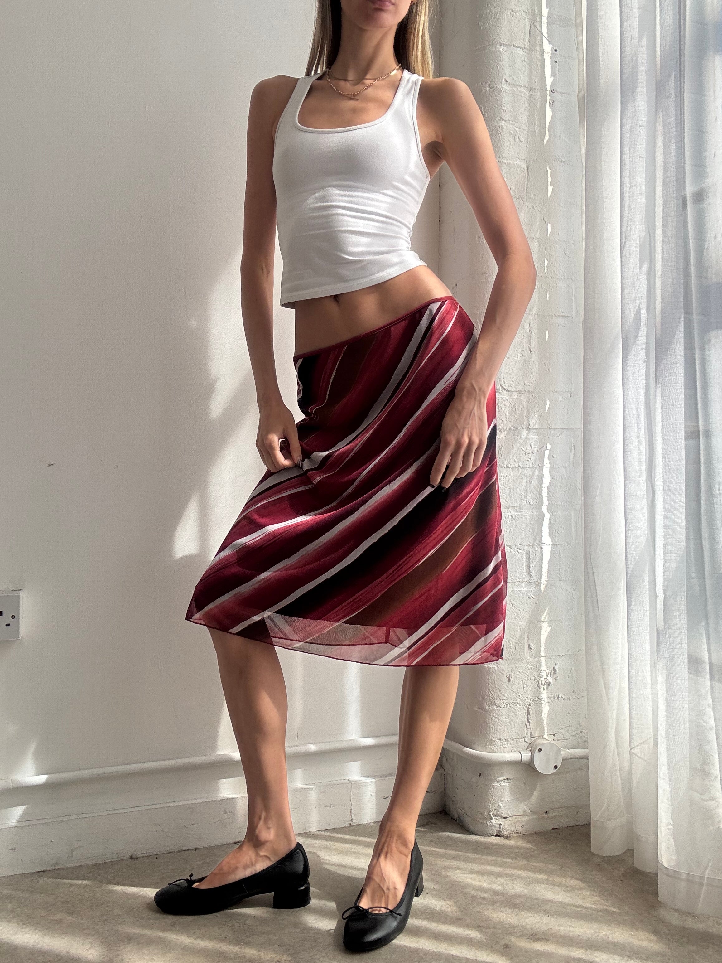 Vintage Y2K burgundy striped mesh midi skirt - Size S/M