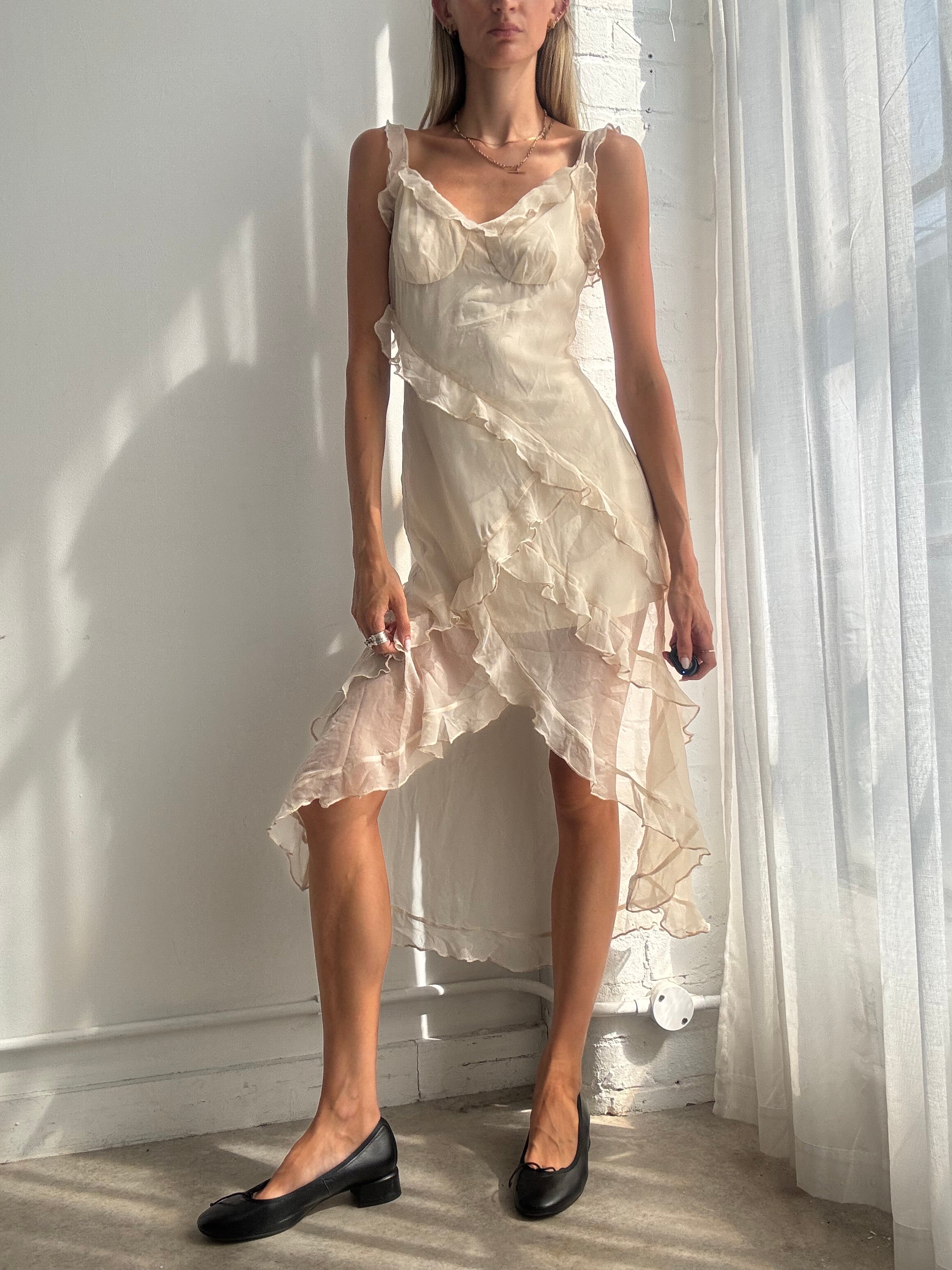 Vintage Y2K Ivory Fairy Ruffle Slip Dress - Size S