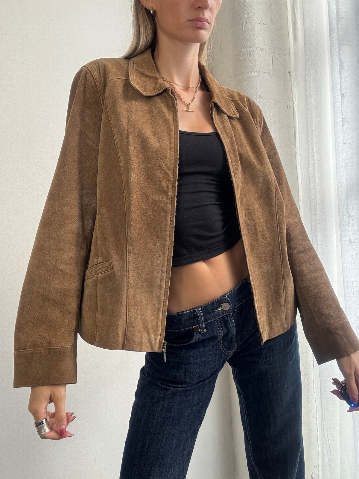 Vintage 90s Tan Brown Suede Zip Up Jacket - Size M