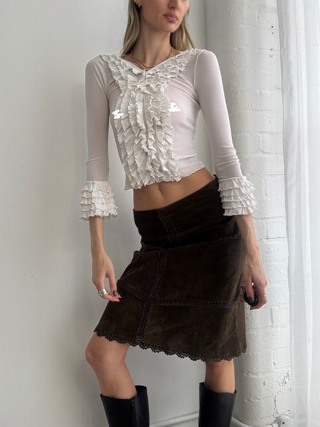 Vintage Y2K sheer ruffle front blouse - Size XS