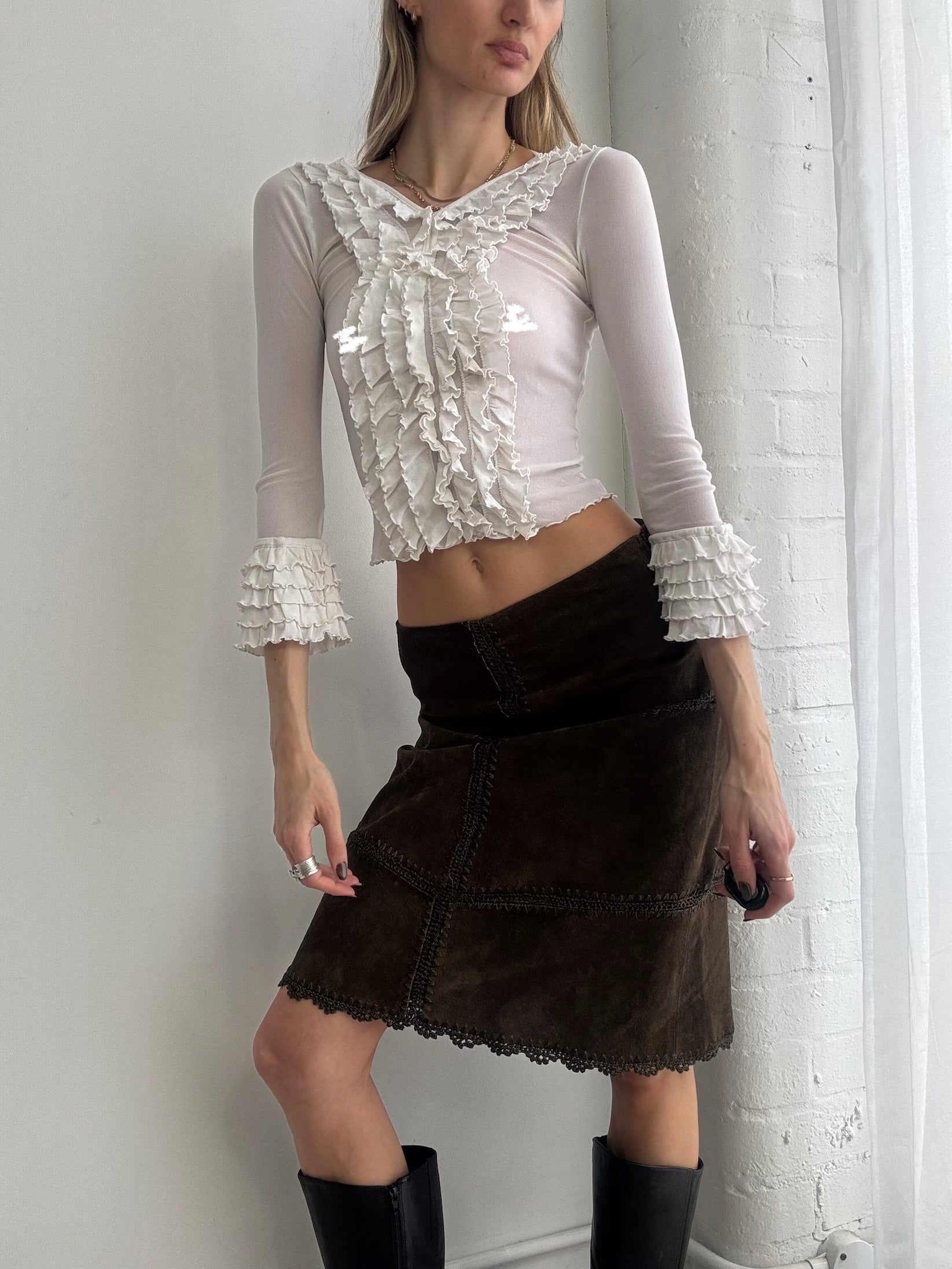 Vintage Y2K sheer ruffle front blouse - Size XS