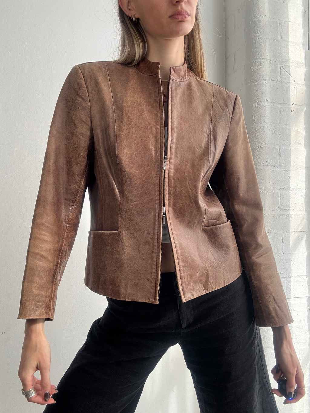 Vintage Y2K brown fitted dual zip leather jacket - Size S